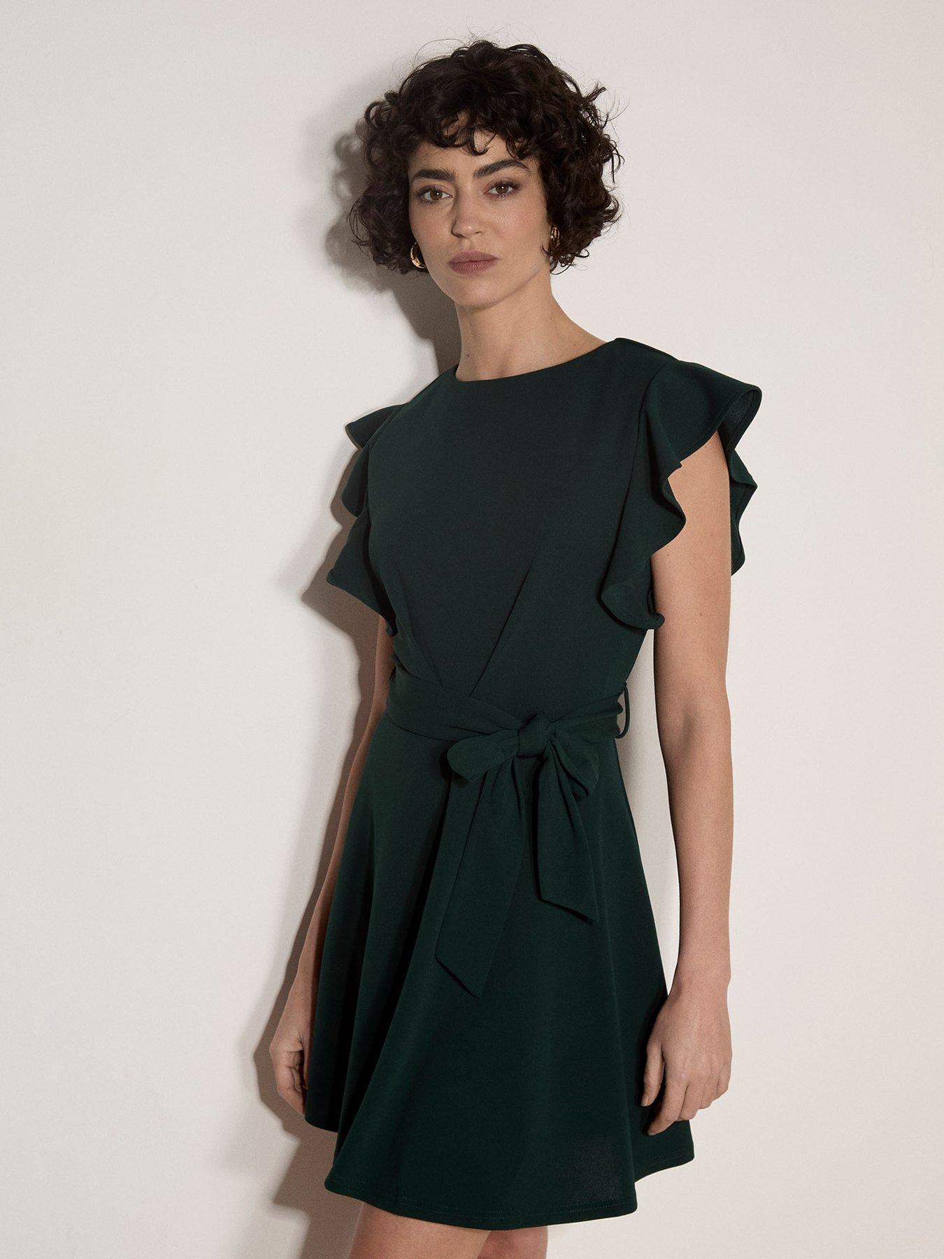 Apricot Ruffle Sleeve Fit and Flare Mini Dress - Green