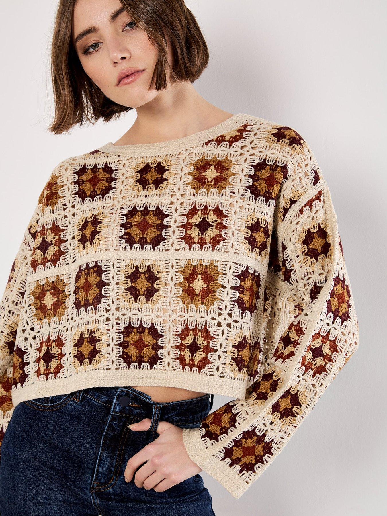 Image 1 of 4 of Apricot Crochet Square Boxy Knit Jumper - Beige