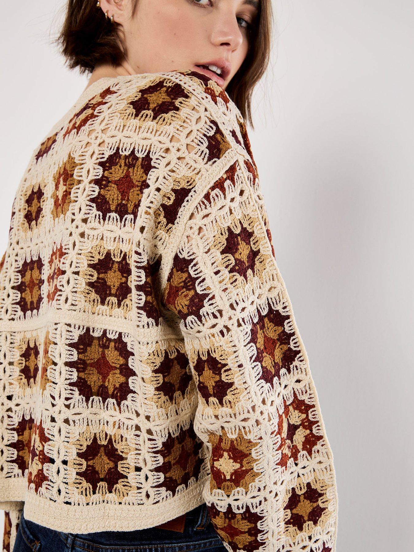 Image 2 of 4 of Apricot Crochet Square Boxy Knit Jumper - Beige
