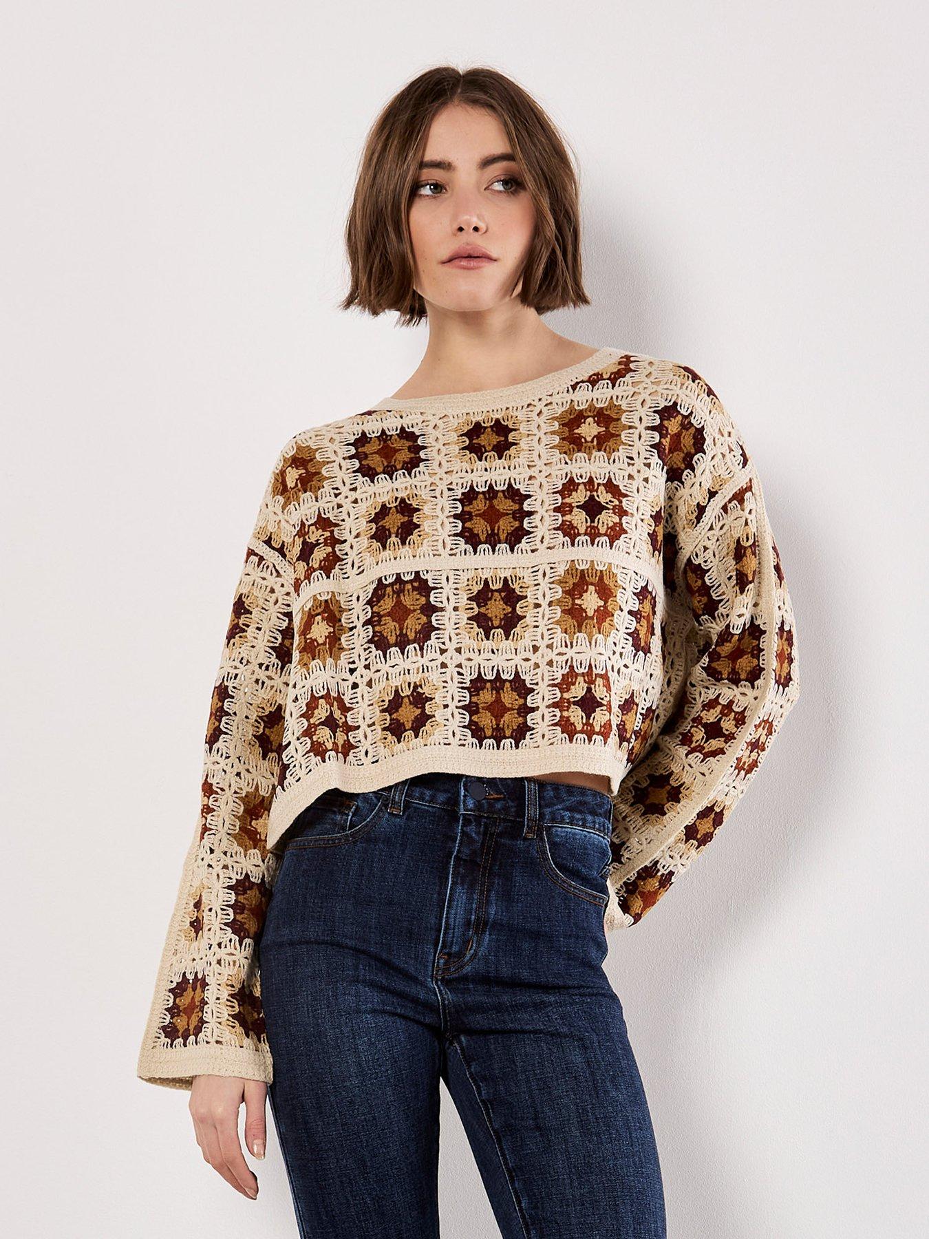 Image 4 of 4 of Apricot Crochet Square Boxy Knit Jumper - Beige