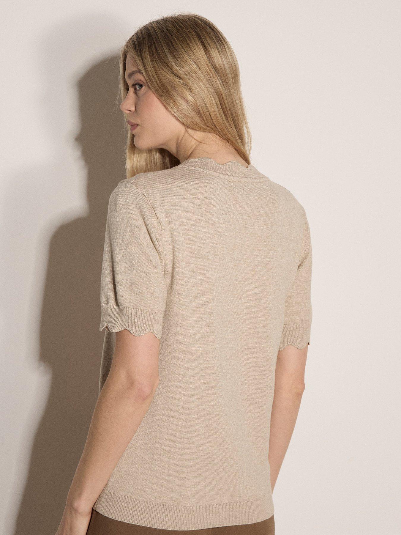 Image 2 of 4 of Apricot Women's Scallop Edge Short Sleeve Knit Top - Beige