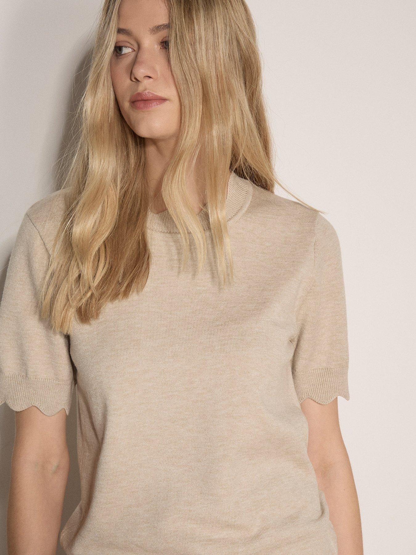 Image 4 of 4 of Apricot Women's Scallop Edge Short Sleeve Knit Top - Beige