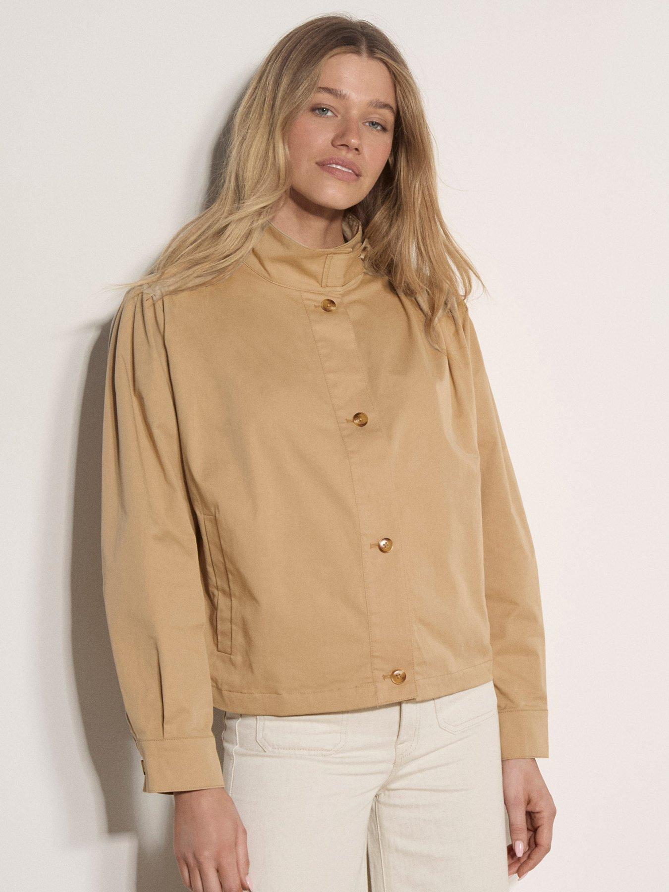 Apricot Pleat Shoulder High Neck Jacket - Beige