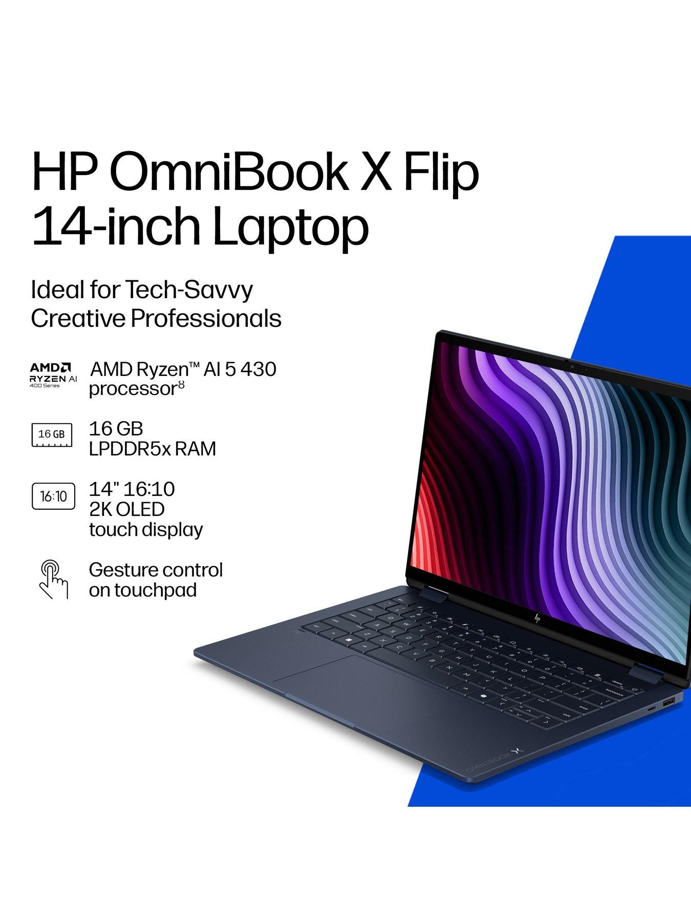 Image 4 of 7 of HP OmniBook X Flip 14-kc0000nax 14in OLED Touchscreen Laptop - Copilot+PC - AMD Ryzen AI 5 - 16GB RAM - 512GB SSD  - Blue - No Power Adaptor Included