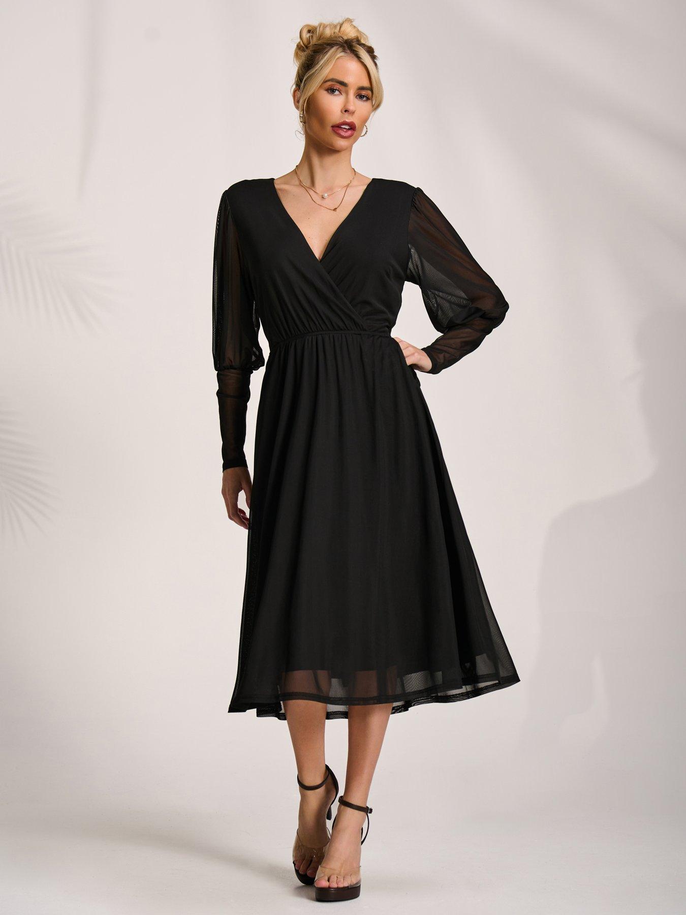 Jolie Moi Mesh Long Puff Sleeve Wrap Midi Dress