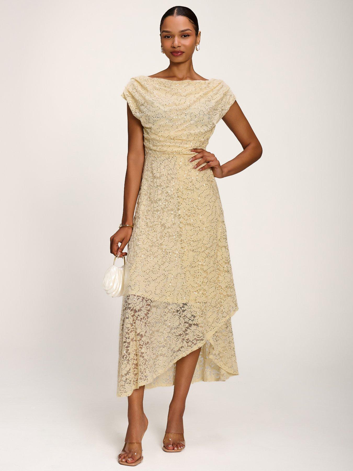 Image 7 of 7 of Jolie Moi Lace Sequin Embellished Midi Dress - Yellow