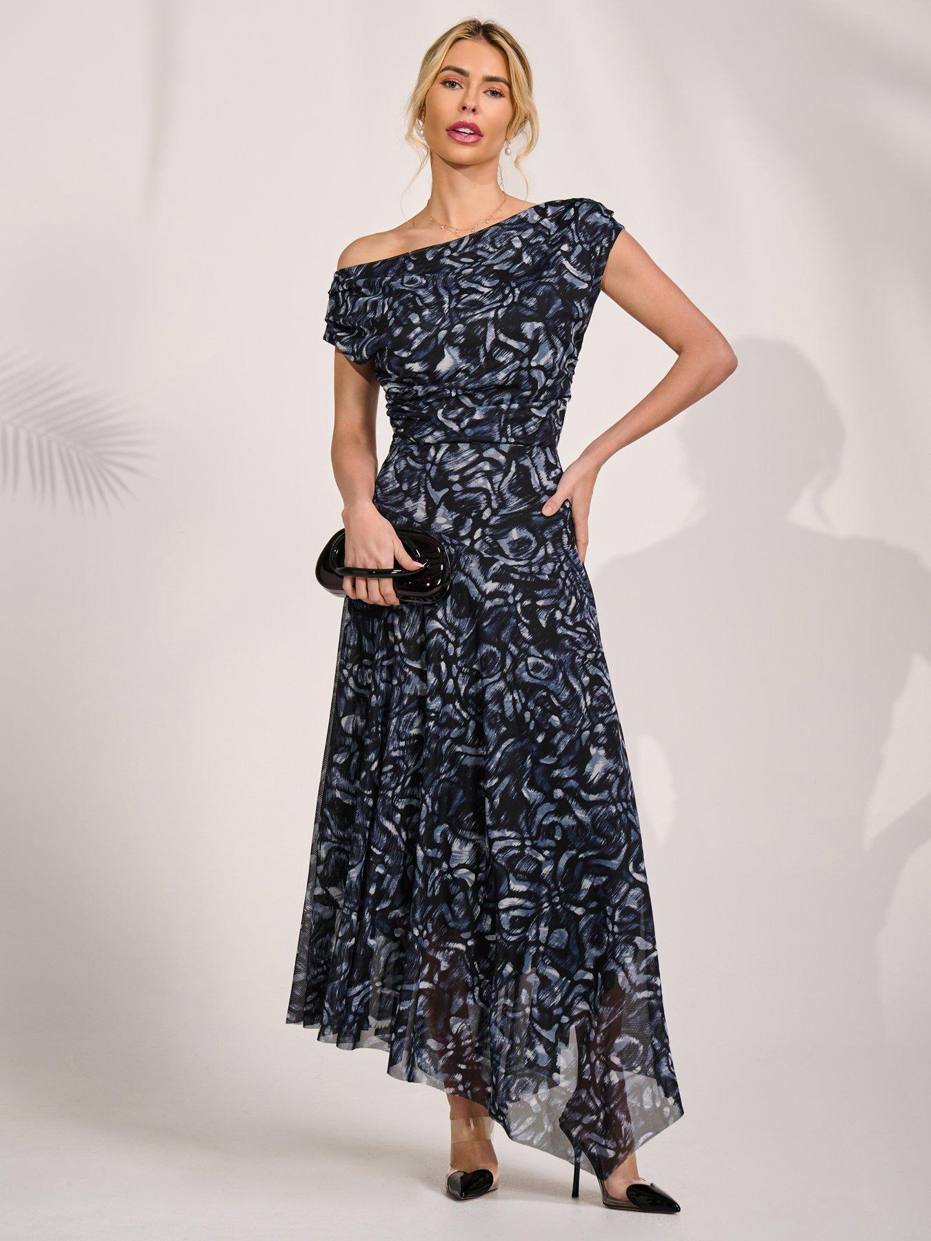 Jolie Moi Mesh Asymmetrical Draped Maxi Dress