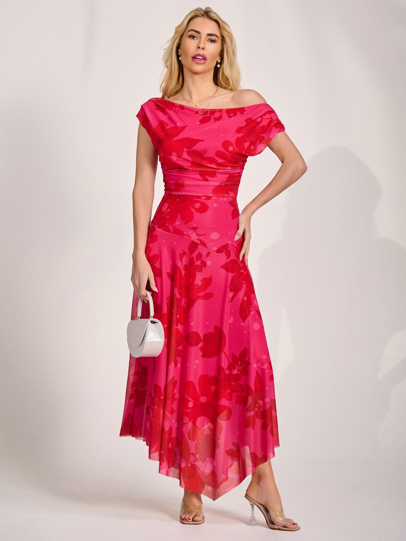 Image 1 of 7 of Jolie Moi Asymmetric Draped Mesh Maxi Dress - Blue