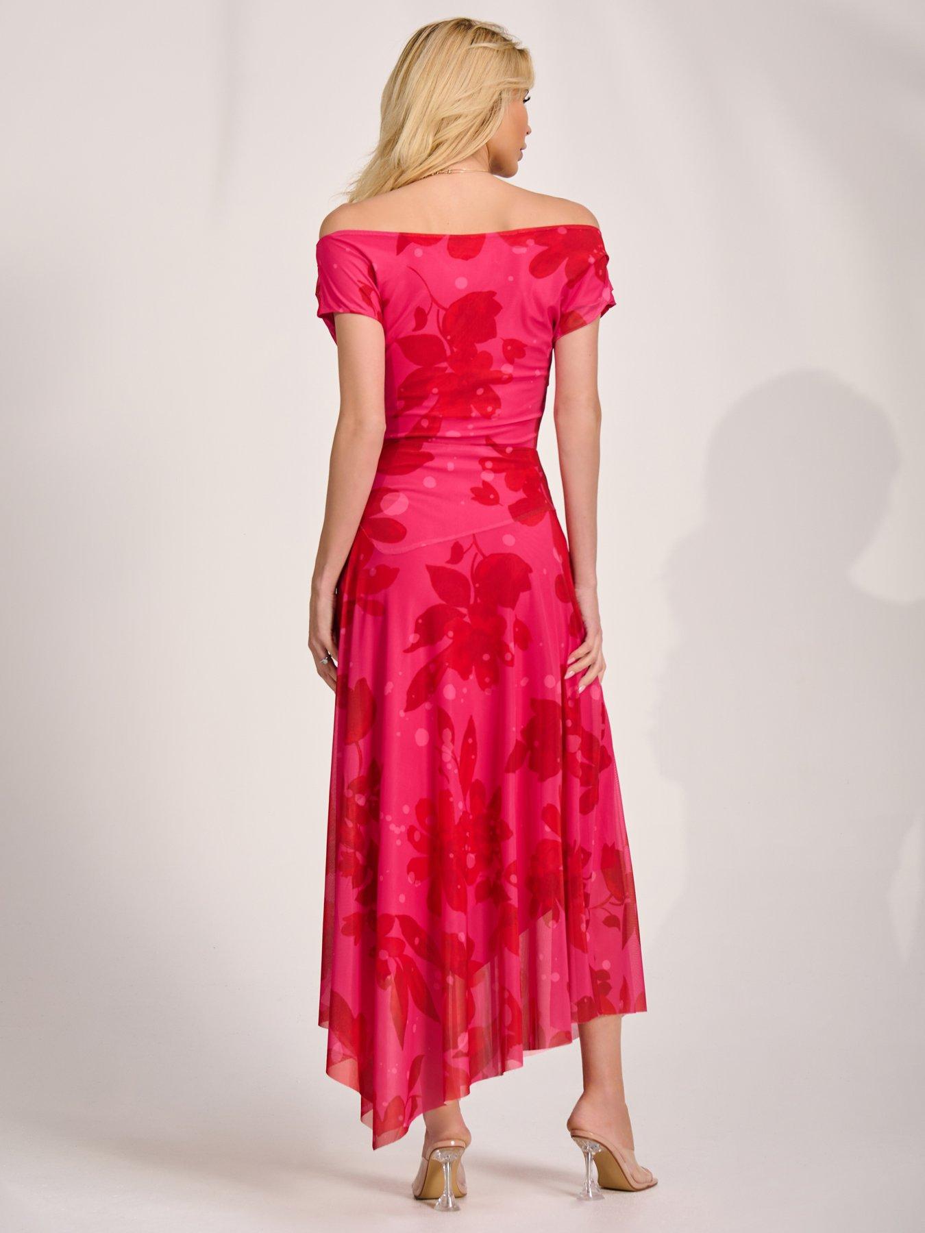 Image 2 of 7 of Jolie Moi Asymmetric Draped Mesh Maxi Dress - Blue
