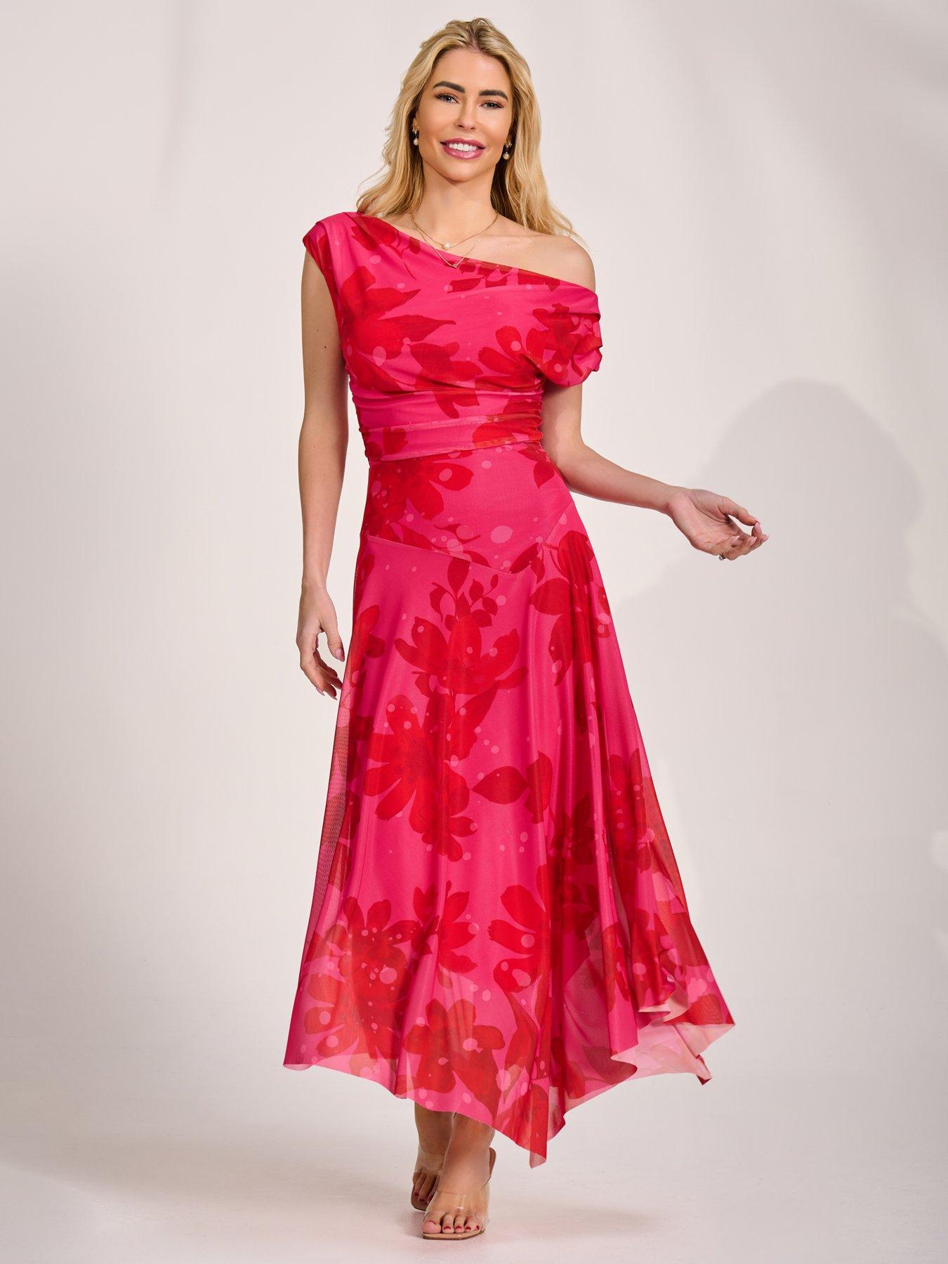 Image 3 of 7 of Jolie Moi Asymmetric Draped Mesh Maxi Dress - Blue