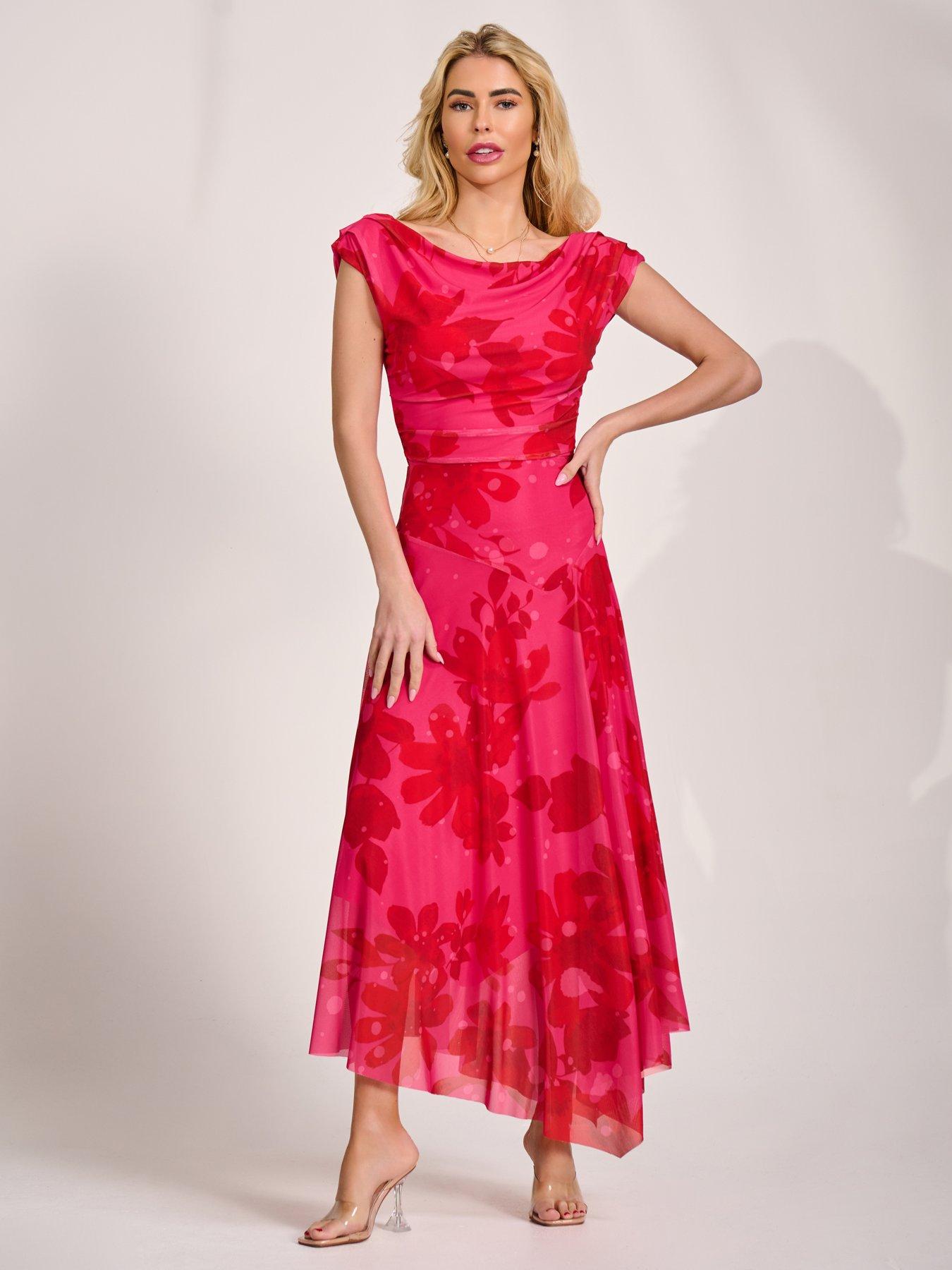 Image 5 of 7 of Jolie Moi Asymmetric Draped Mesh Maxi Dress - Blue