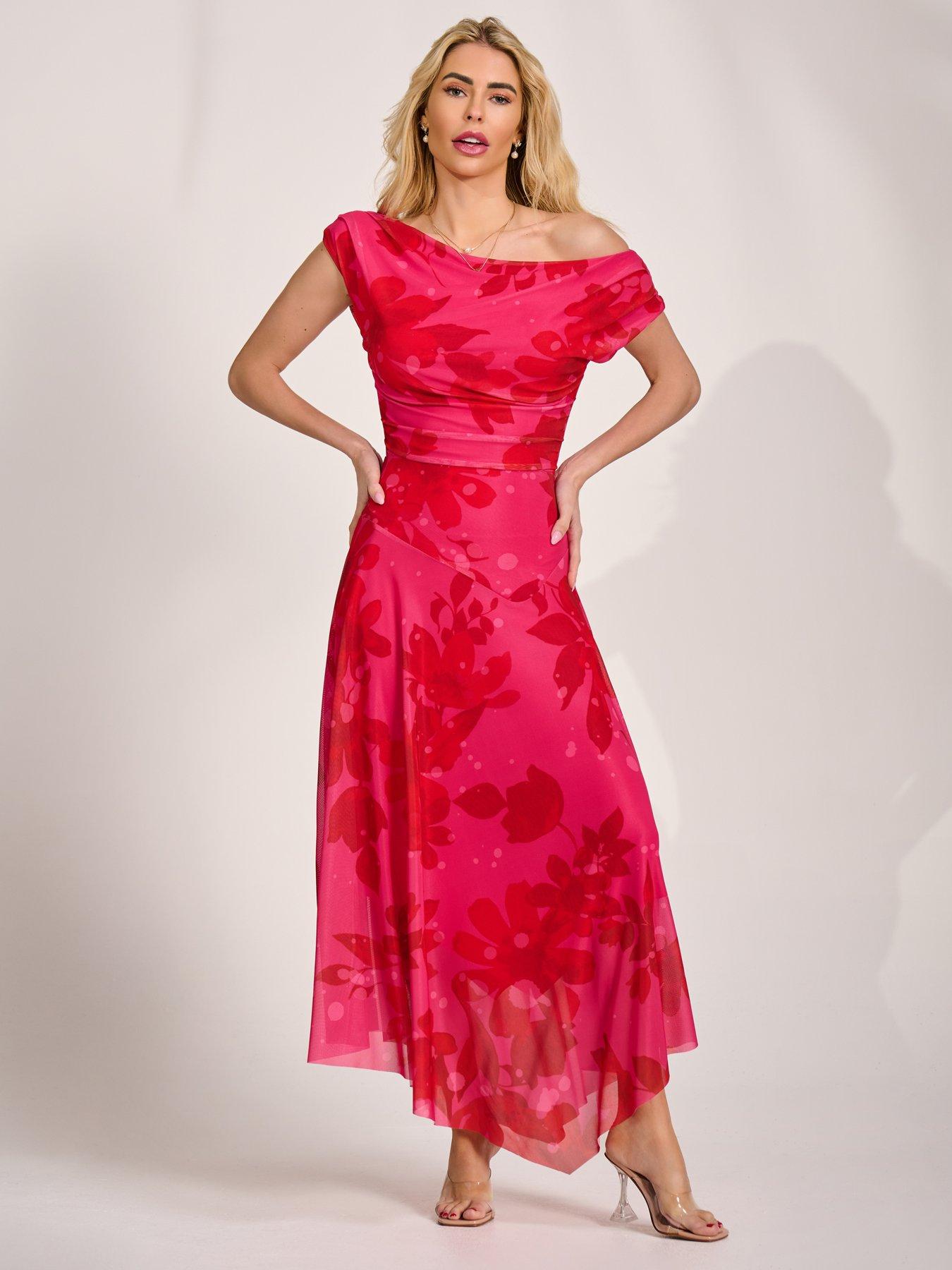 Image 6 of 7 of Jolie Moi Asymmetric Draped Mesh Maxi Dress - Blue