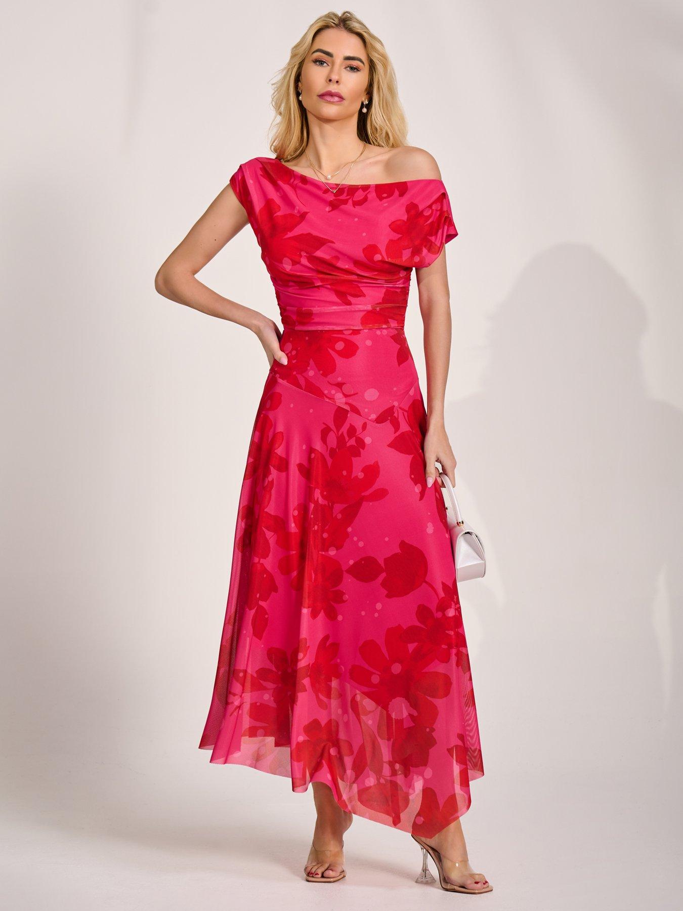 Image 7 of 7 of Jolie Moi Asymmetric Draped Mesh Maxi Dress - Blue