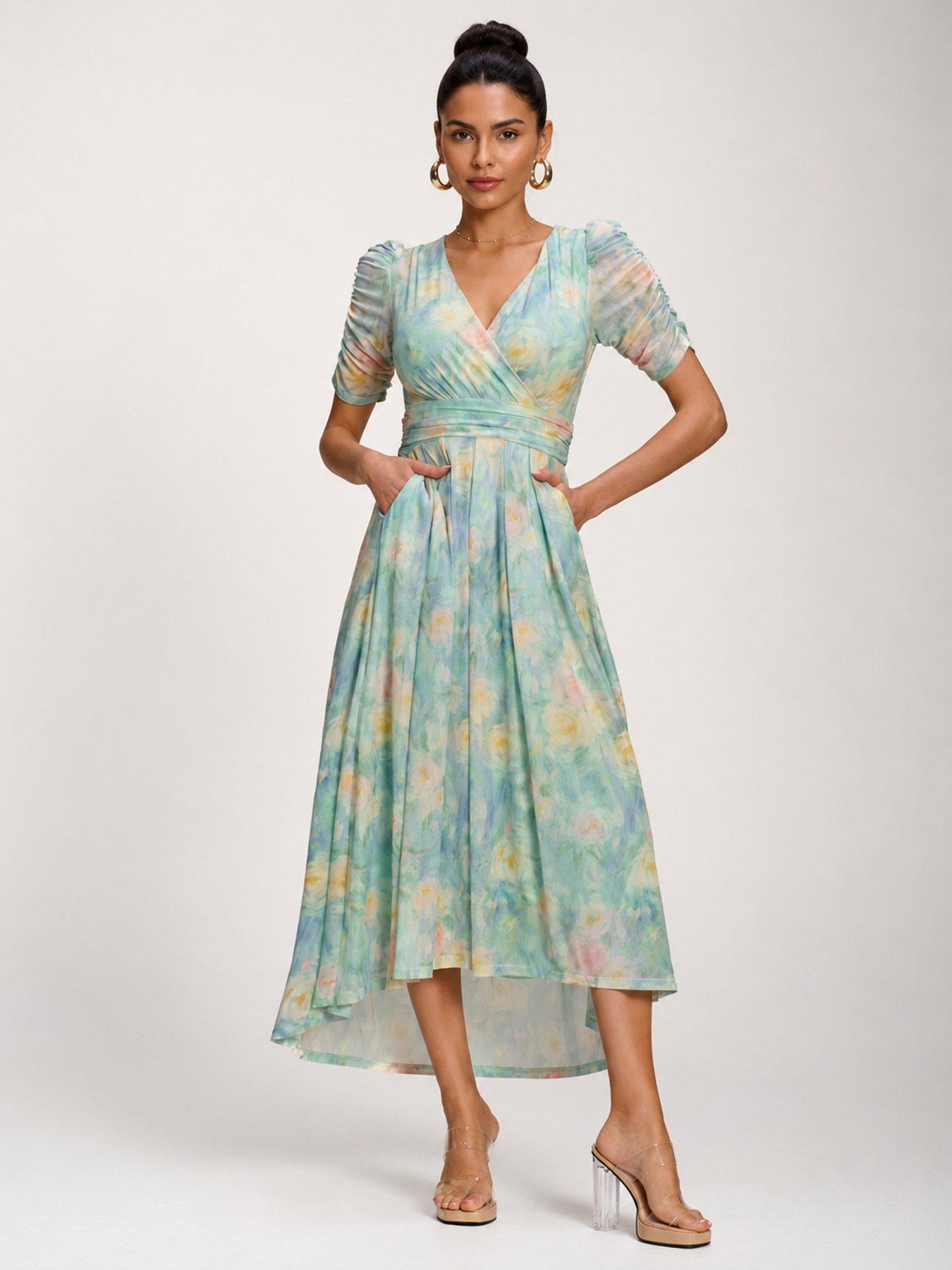 Jolie Moi Petite Mesh Print Dip Hem Maxi Dress - Green