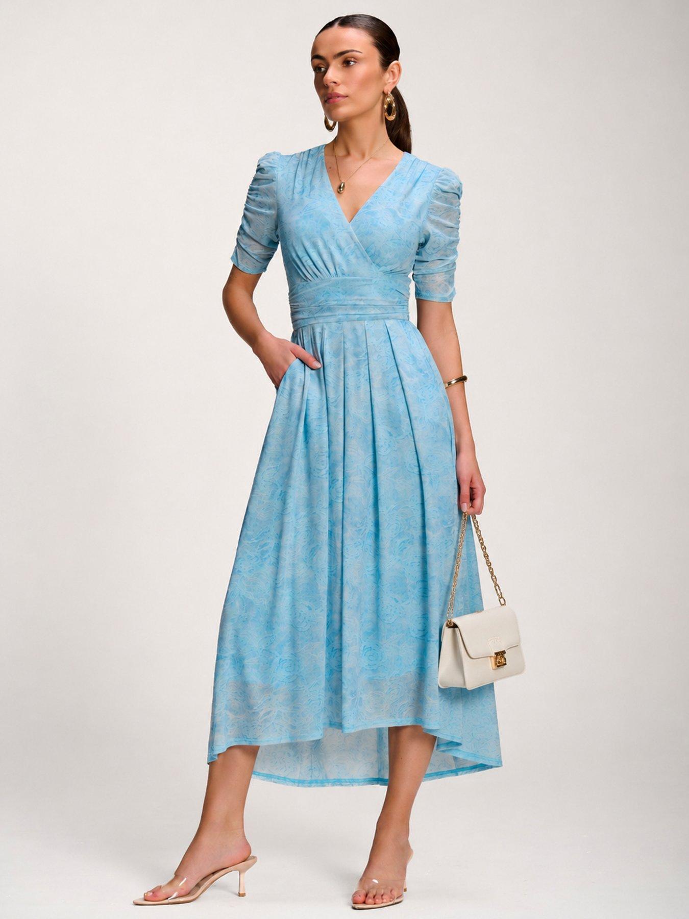 Image 1 of 7 of Jolie Moi Printed Mesh Dip Hem Maxi Dress - Blue
