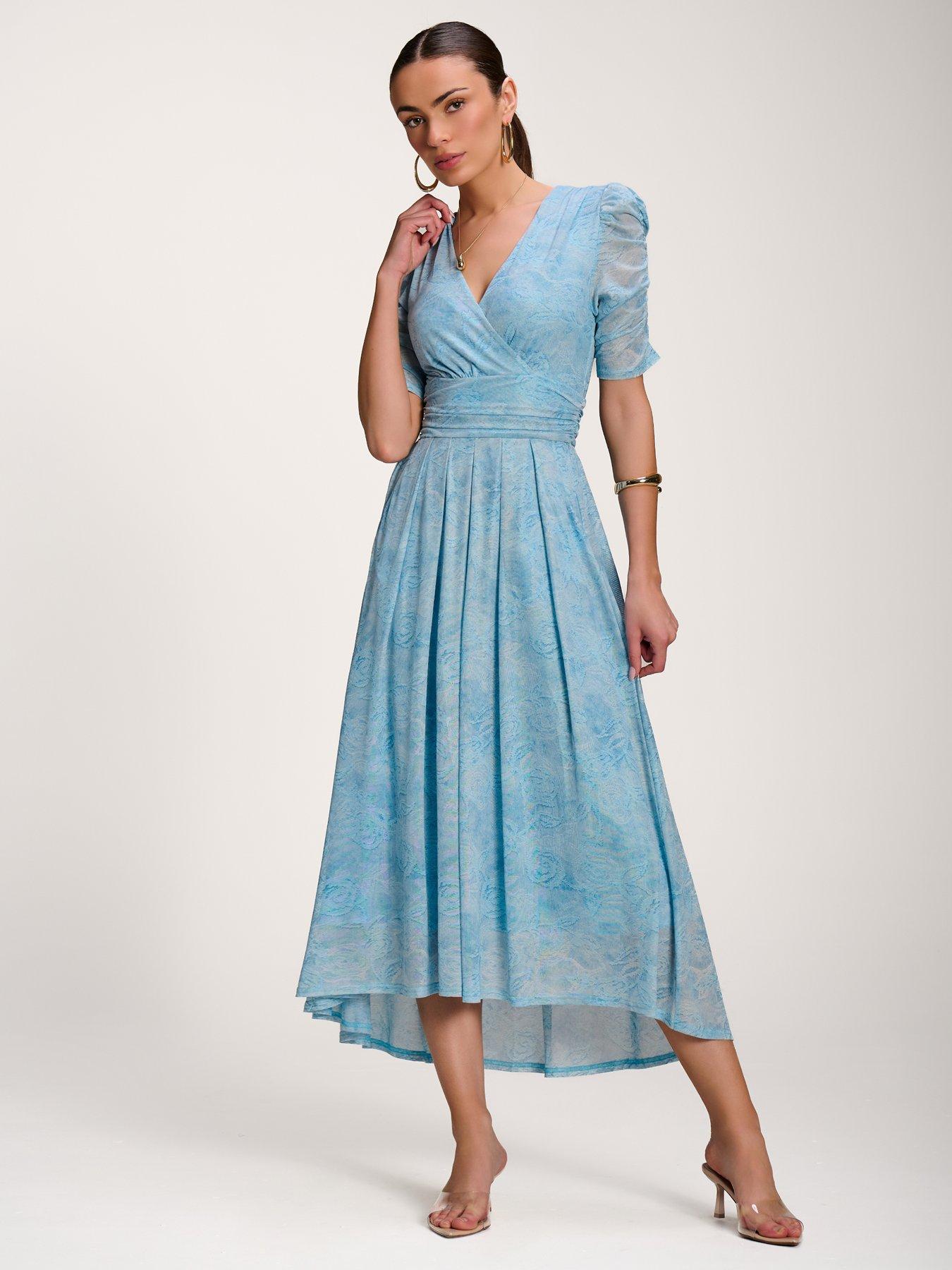 Image 7 of 7 of Jolie Moi Printed Mesh Dip Hem Maxi Dress - Blue