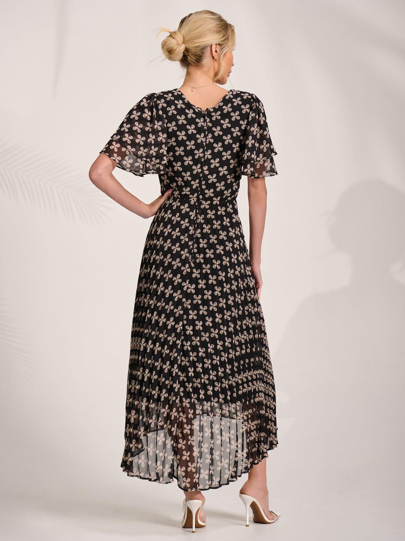 Jolie Moi Angel Sleeve Pleated Chiffon Midaxi Dress - Black