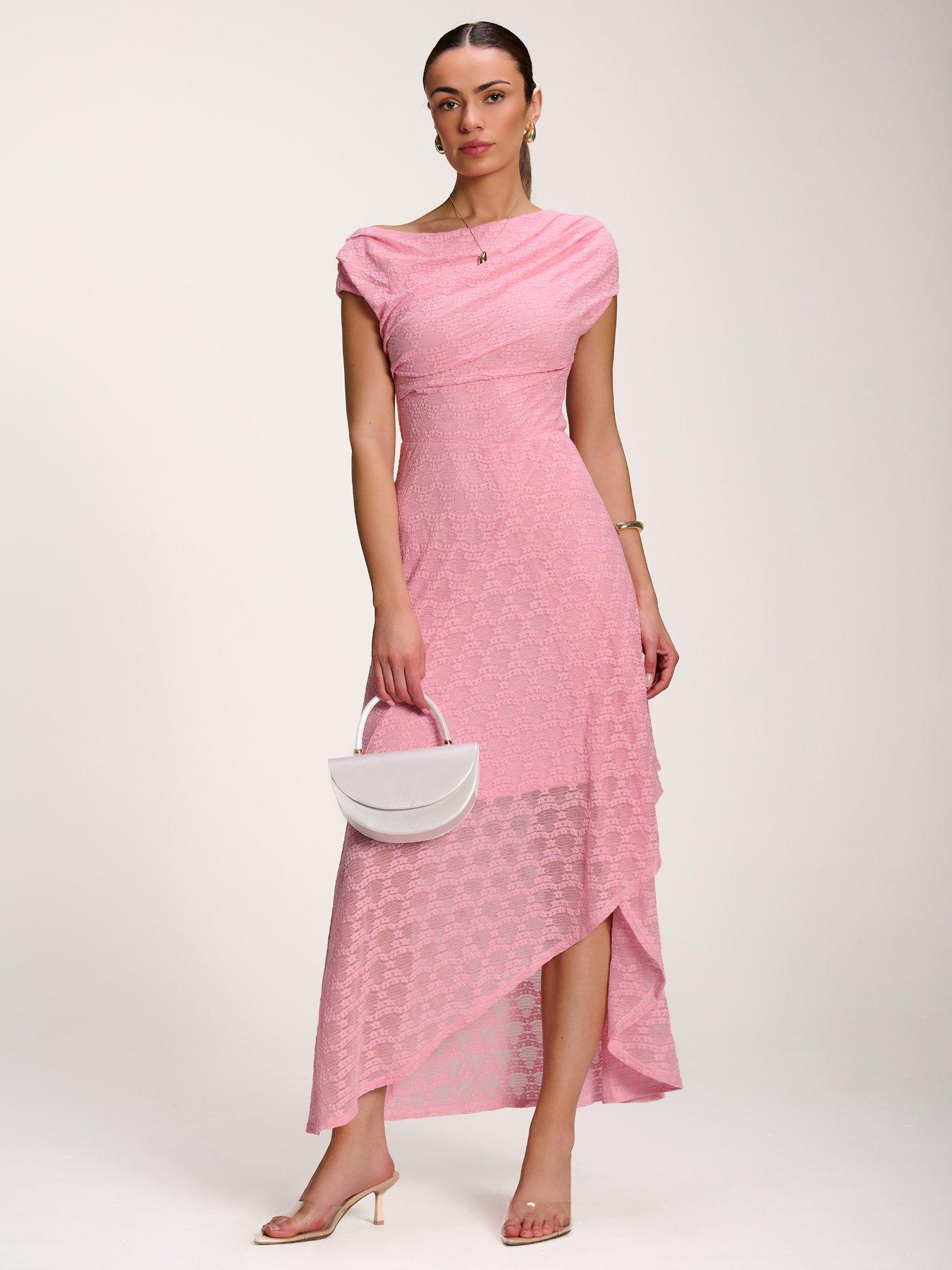 Jolie Moi Asymmetric Draped Lace Maxi Dress