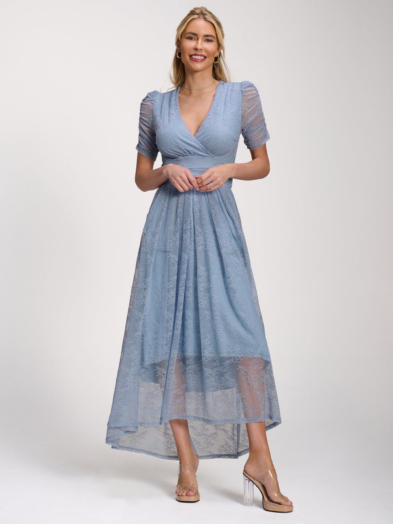 Jolie Moi Lace Ruched Sleeve Dip Hem Maxi Dress