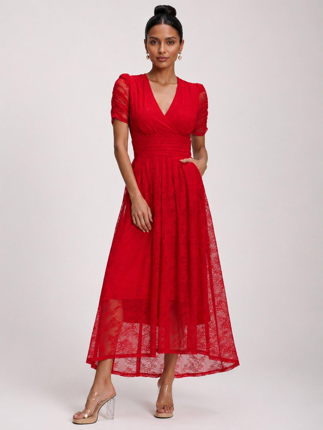 Jolie Moi Lace Ruched Sleeve Dip Hem Maxi Dress - Red