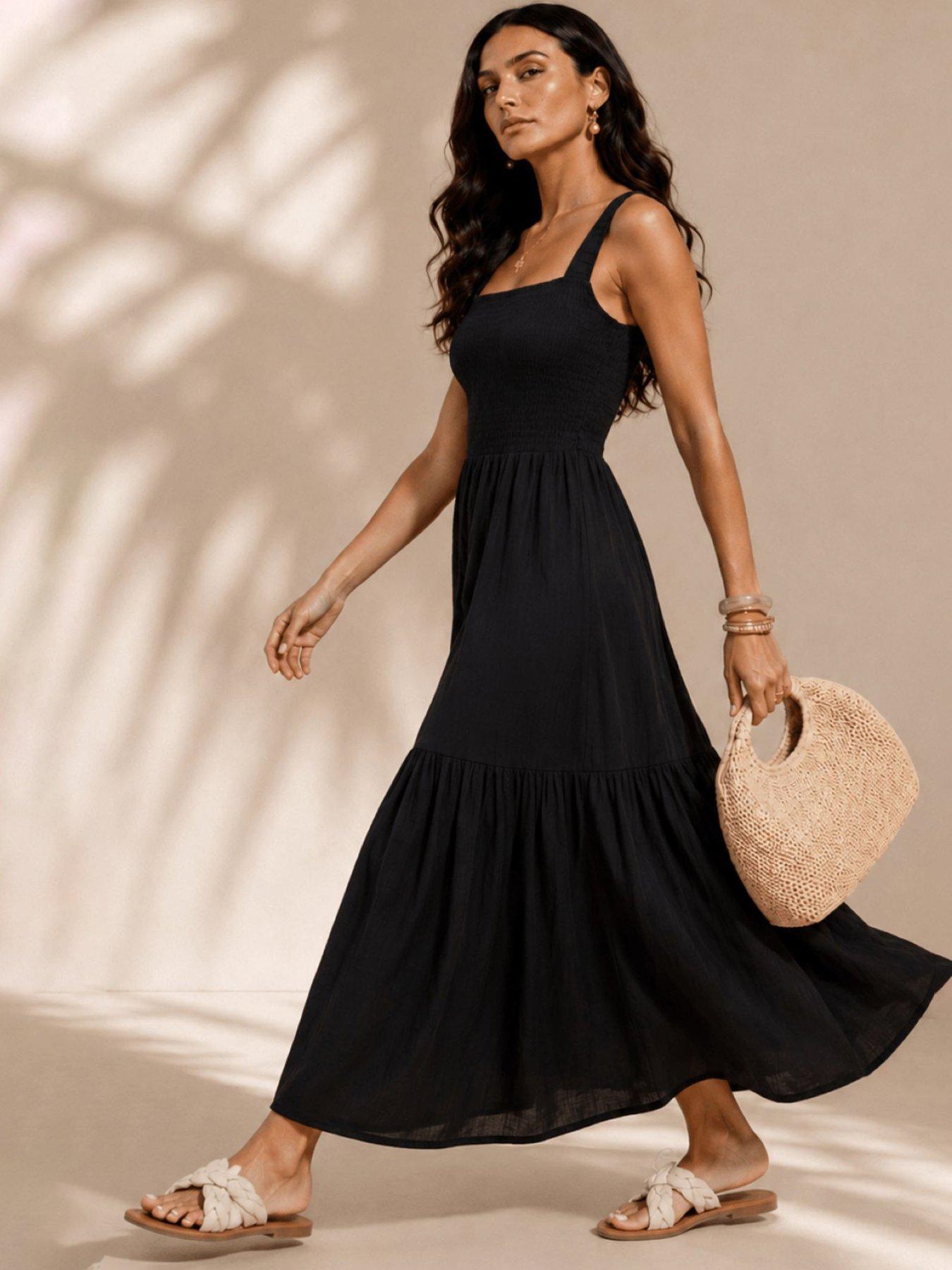Little Mistress Black Cotton Gauze Smocked Maxi Dress