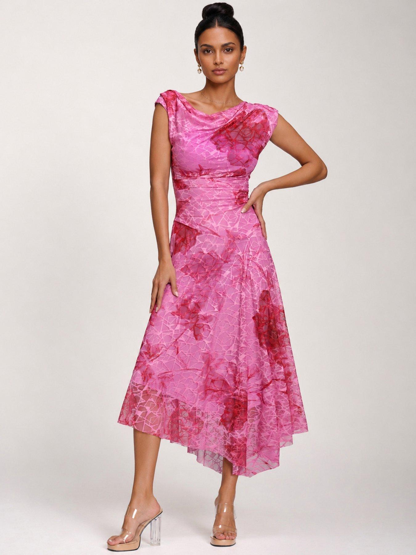 Jolie Moi Asymmetric Draped Print Lace Maxi Dress - Pink