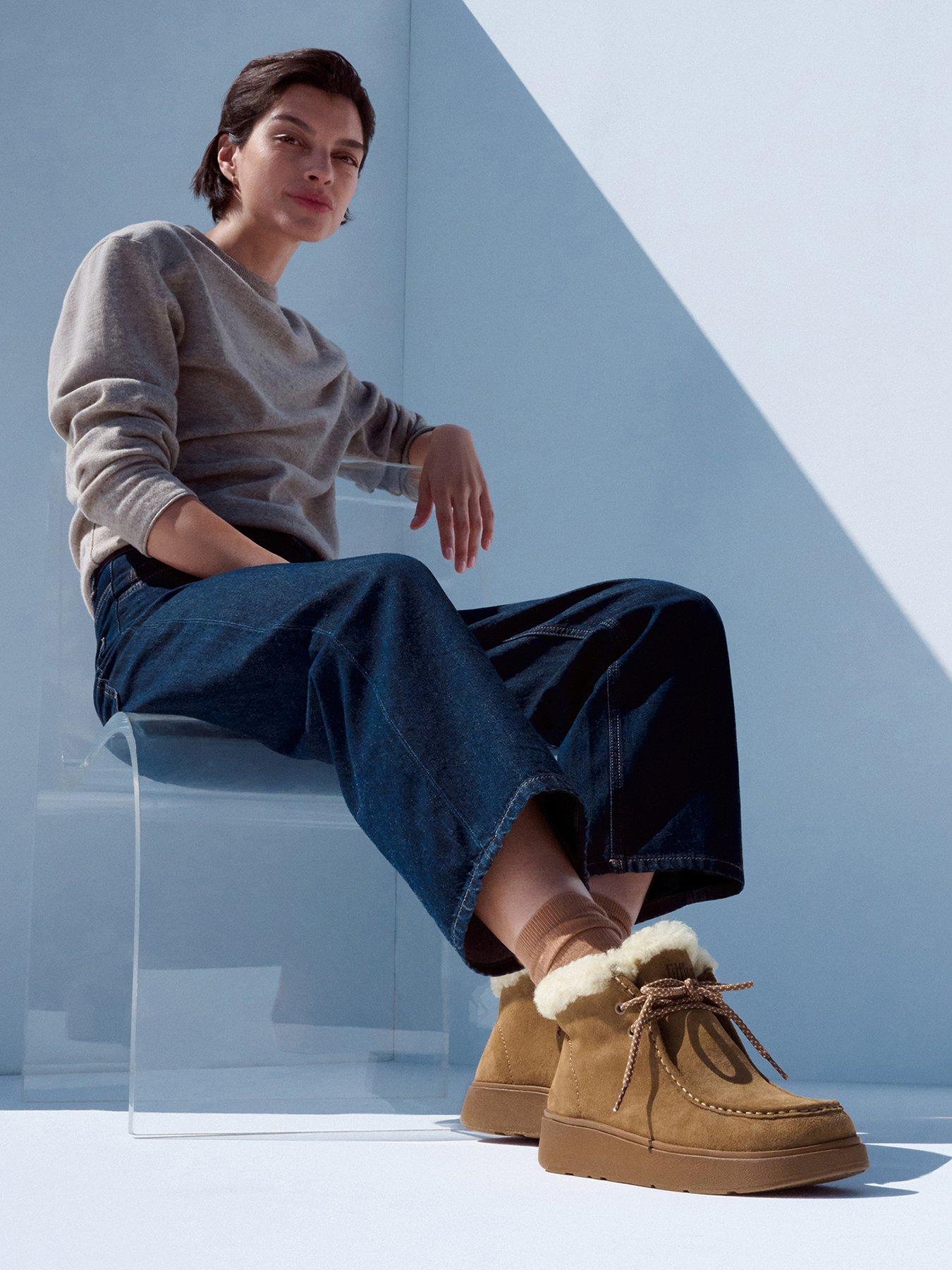 Image 5 of 5 of FitFlop Womens Suede Shearling Lace Up Boots - Brown