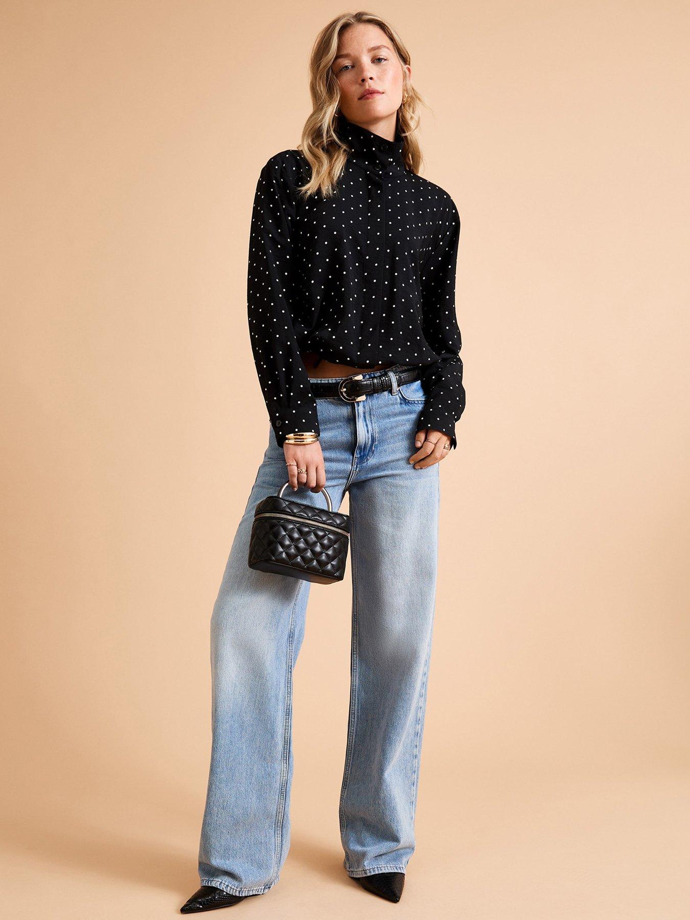 New Look Spot Print High Funnel Neck Shirt - Black