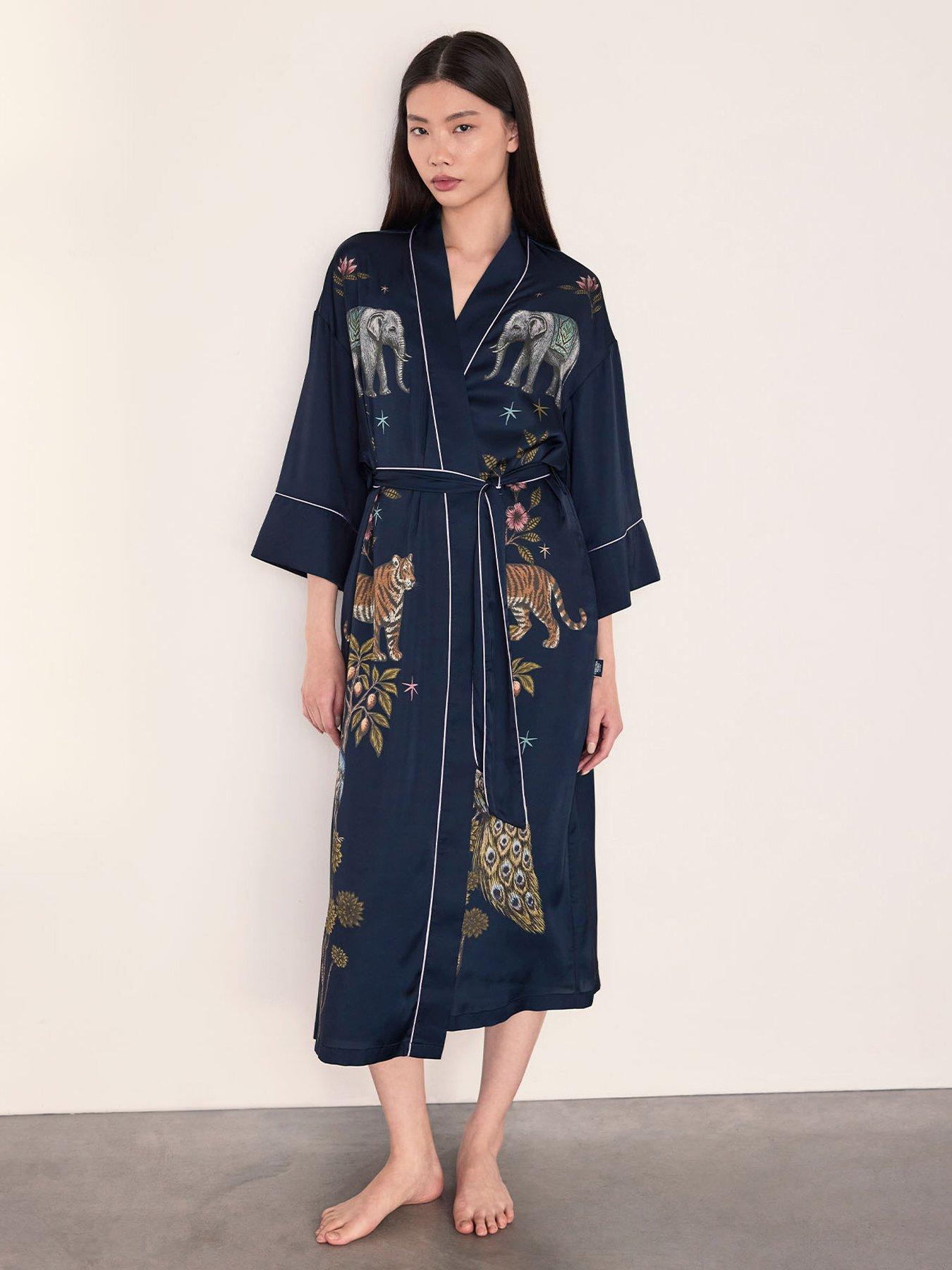 Image 1 of 6 of CHELSEA PEERS Satin Moonlight Safari Print Kimono Dressing Gown - Navy