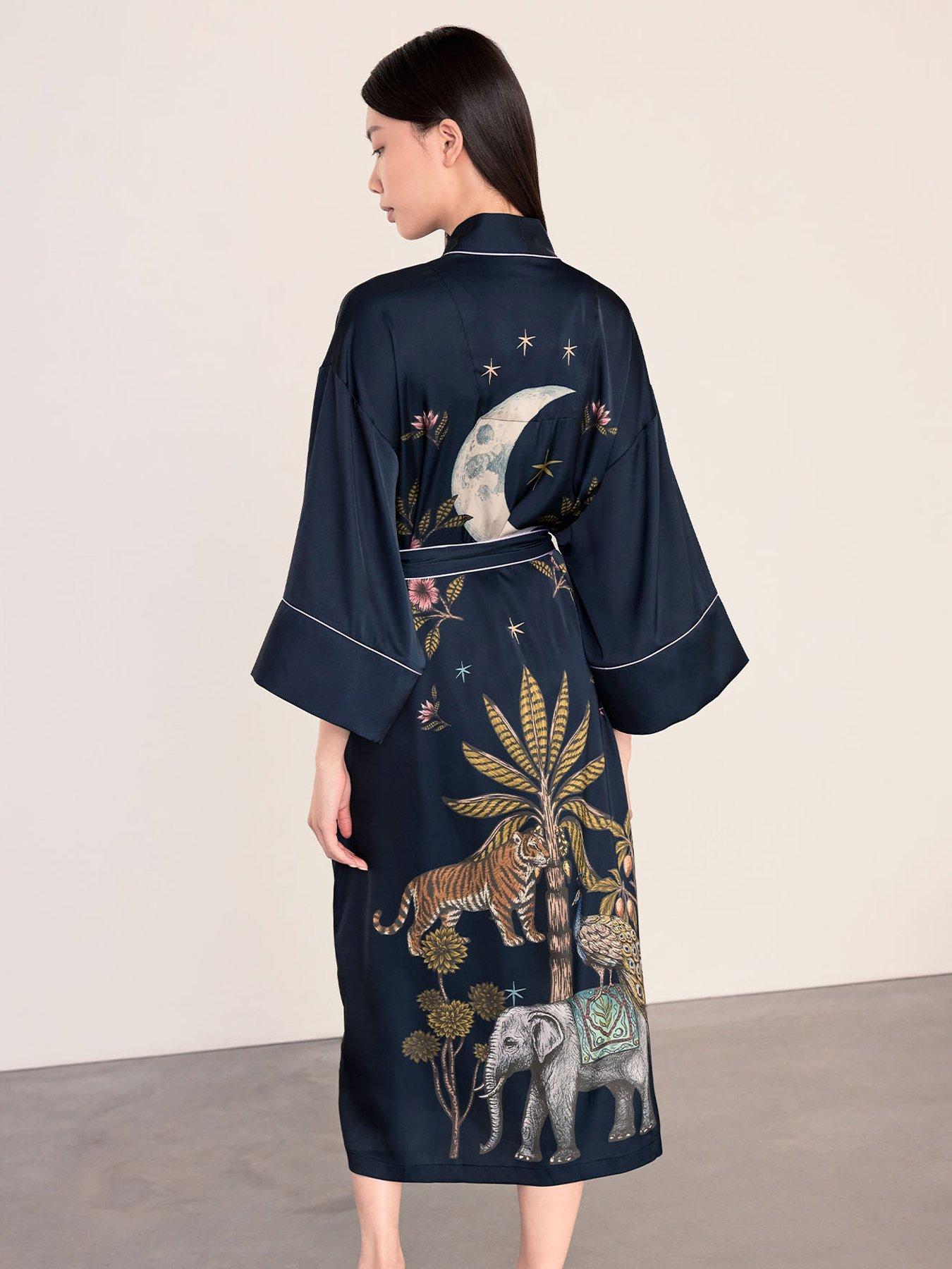 Image 2 of 6 of CHELSEA PEERS Satin Moonlight Safari Print Kimono Dressing Gown - Navy