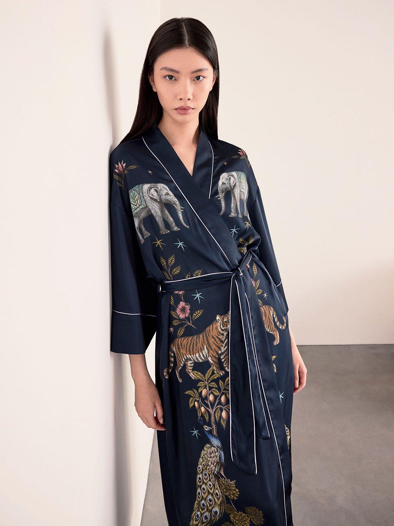 Image 3 of 6 of CHELSEA PEERS Satin Moonlight Safari Print Kimono Dressing Gown - Navy