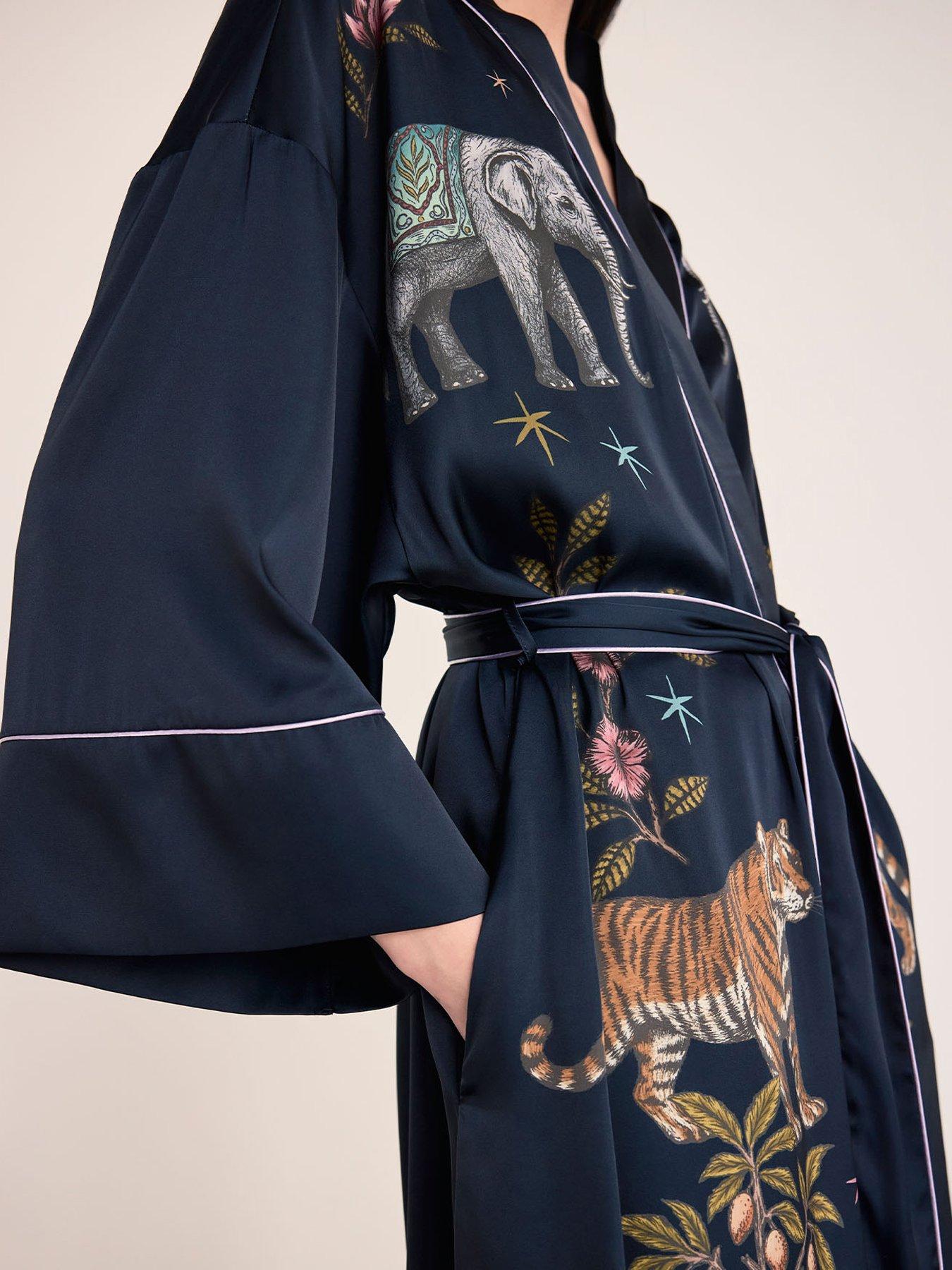 Image 5 of 6 of CHELSEA PEERS Satin Moonlight Safari Print Kimono Dressing Gown - Navy