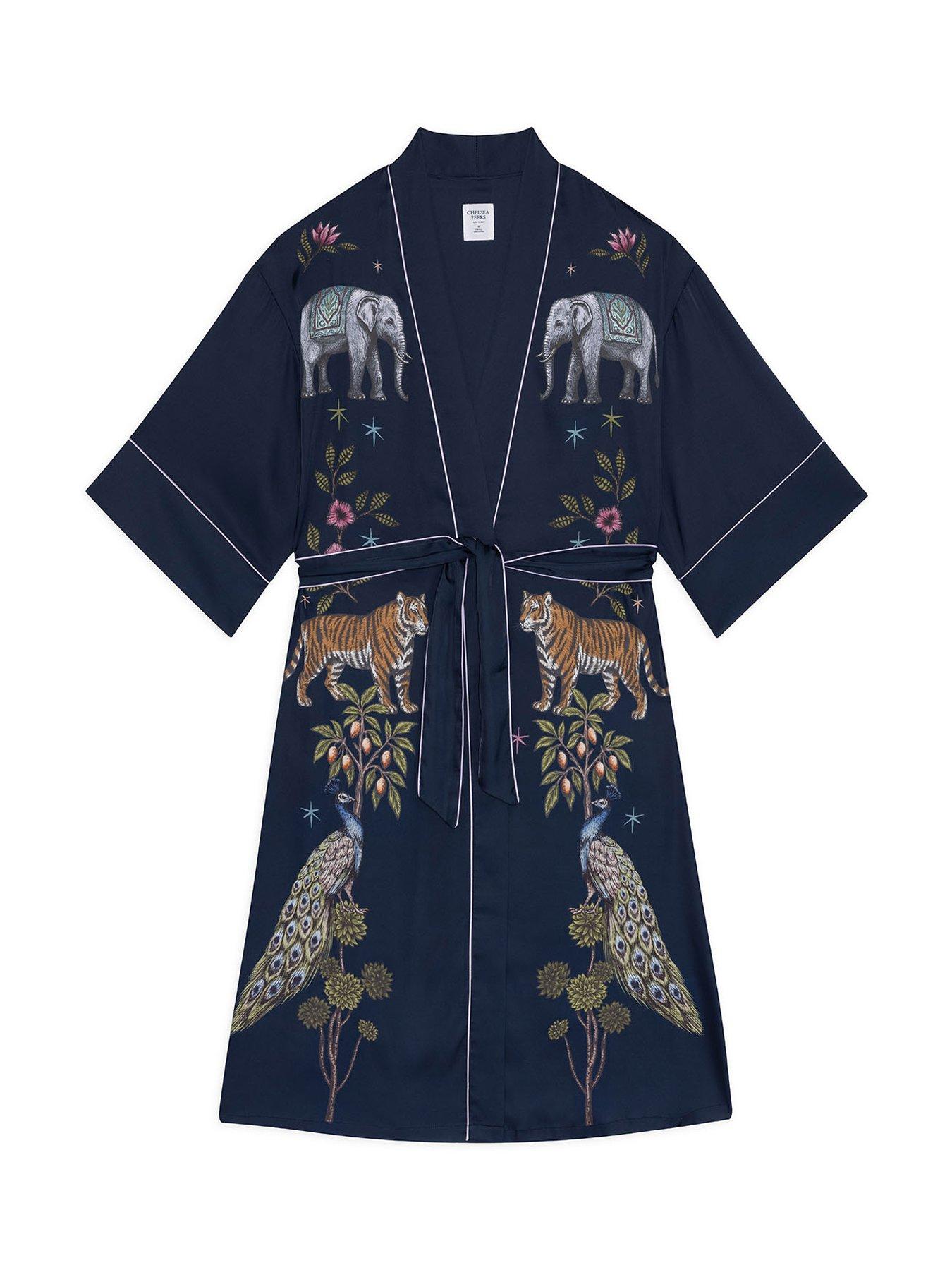 Image 6 of 6 of CHELSEA PEERS Satin Moonlight Safari Print Kimono Dressing Gown - Navy