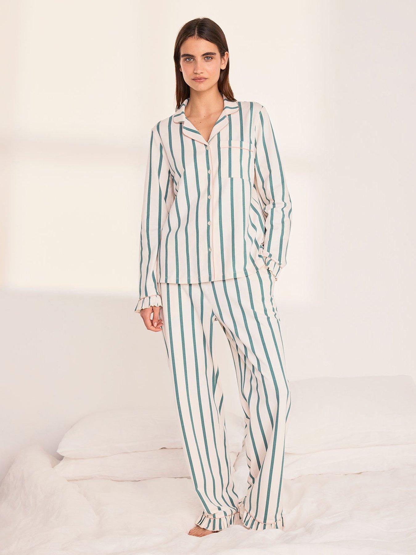 Image 1 of 6 of CHELSEA PEERS Chelsea Peers&nbsp;Cotton Stripe Frill Long Pyjama Set - Green