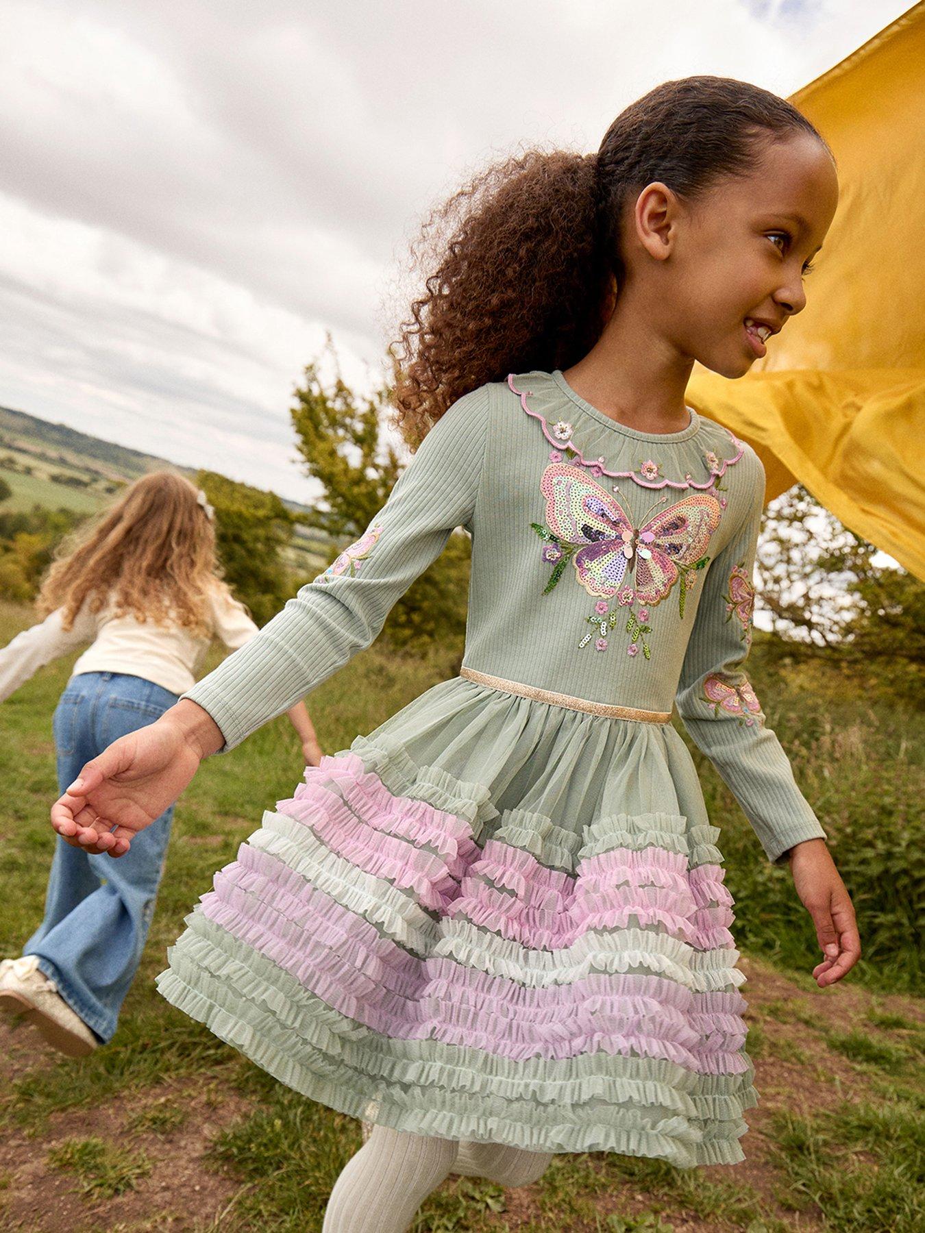 Monsoon Girls Butterfly Sequin Ruffle Dress - Green