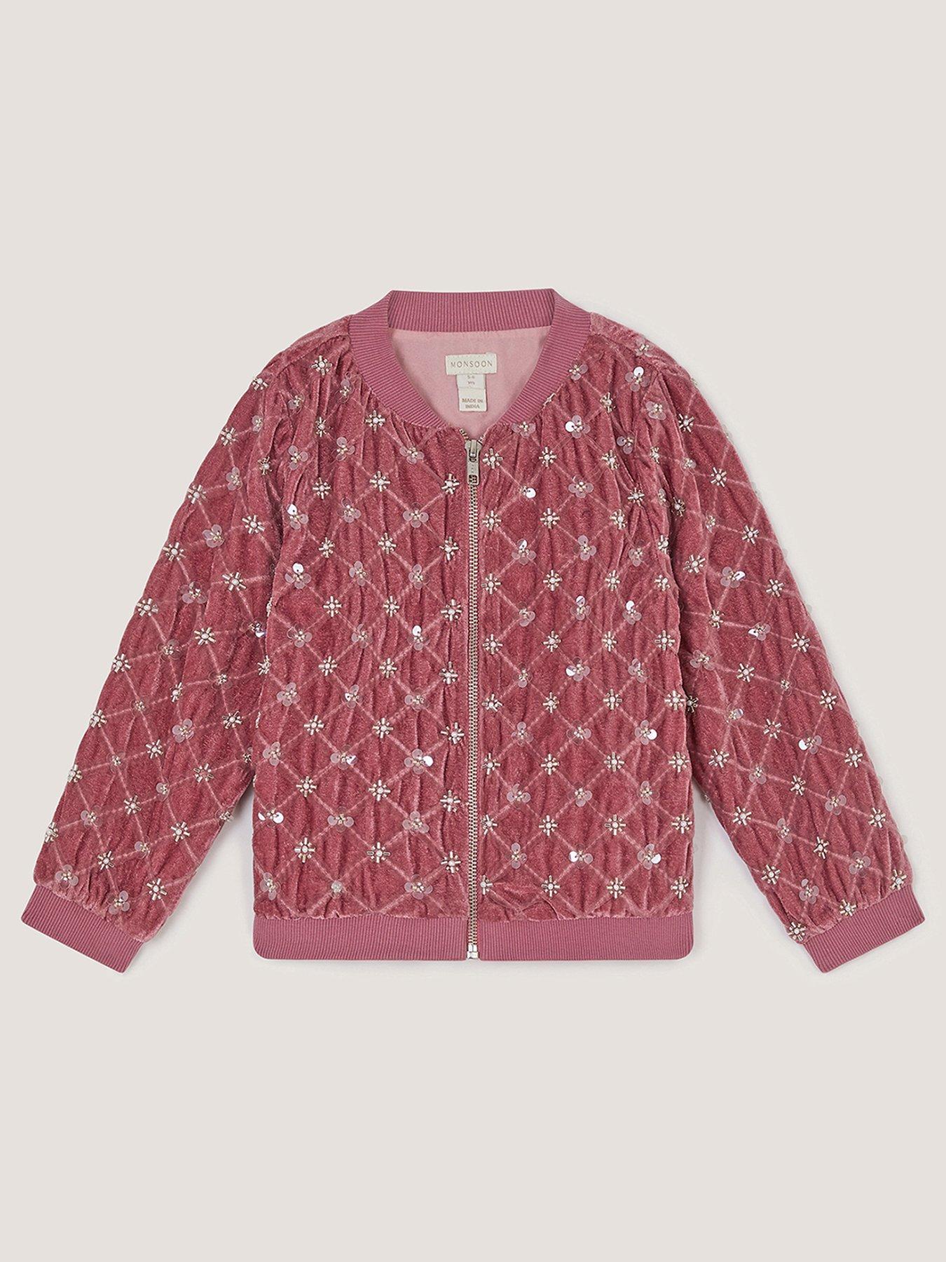 Monsoon Girls Gracie Velour Sequin Embroidered Bomber Jacket - Pink