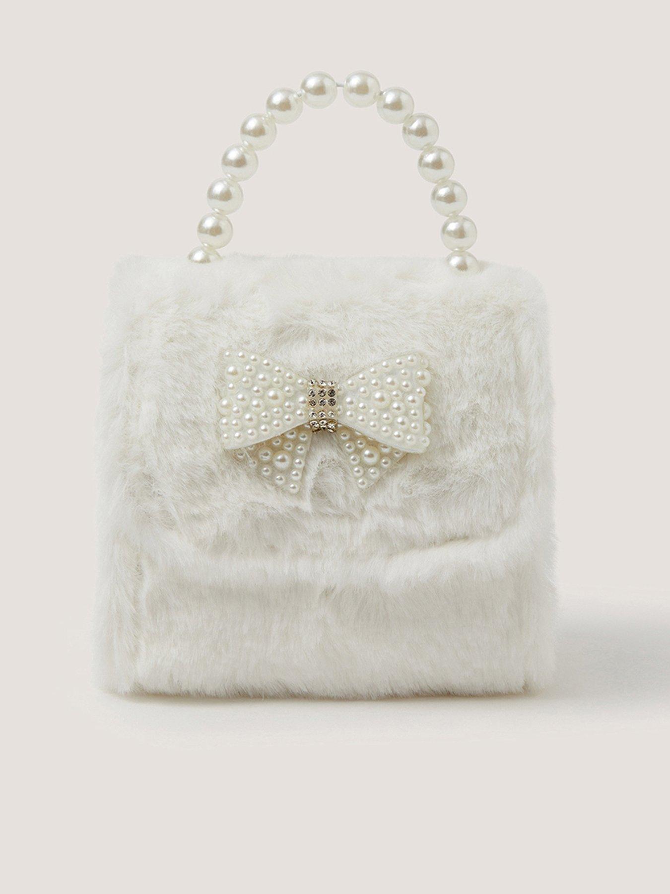 Monsoon Girls Fluffy Pearl Bow Bag - Light Cream