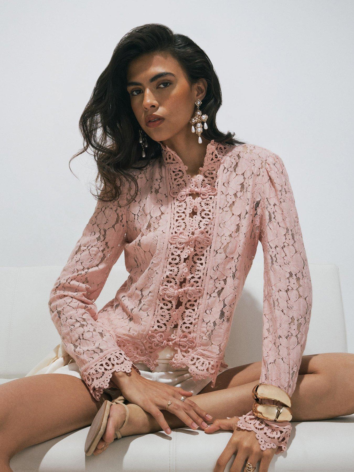 Image 1 of 4 of River Island Lace Detail Drummer Jacket - Pink