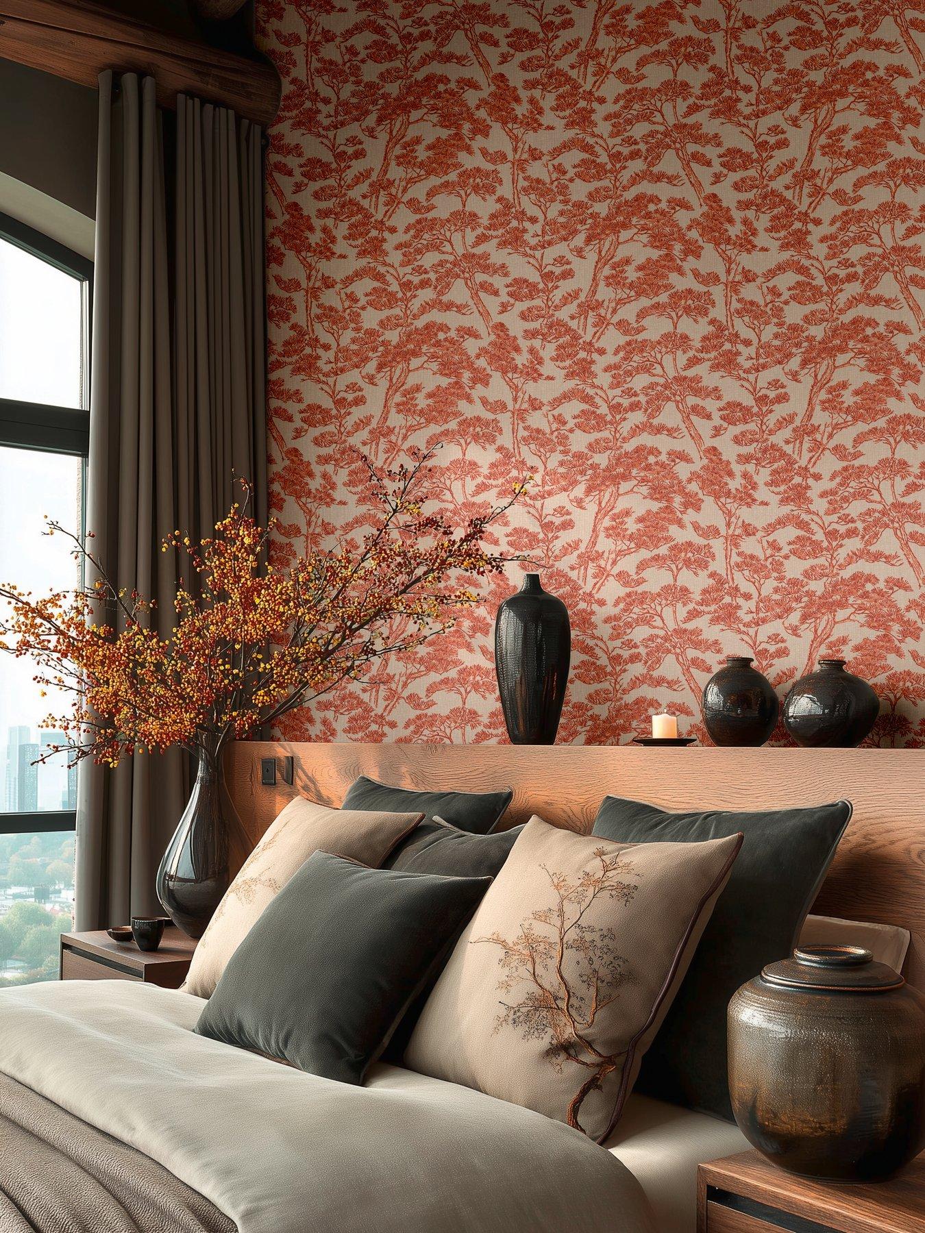 Textured Vinyl Beige Red Tree Print Wallpaper Non Woven Asian Inspired - Image 4