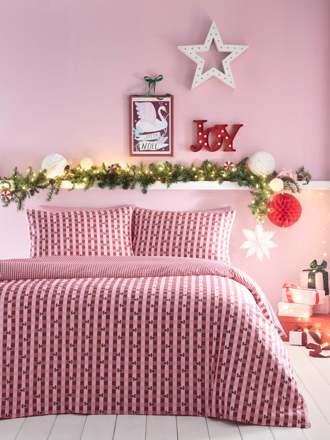 Julian Charles Pink Holly Gingham Red Christmas Duvet Set - Double - Image 3