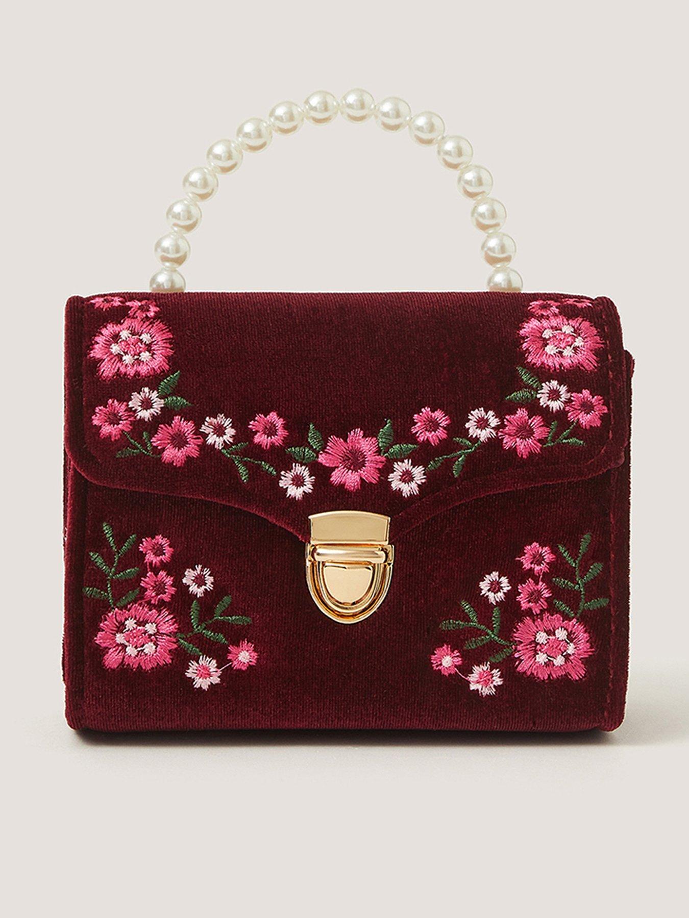 Monsoon Girls Floral Embroidered Velvet Bag - Red