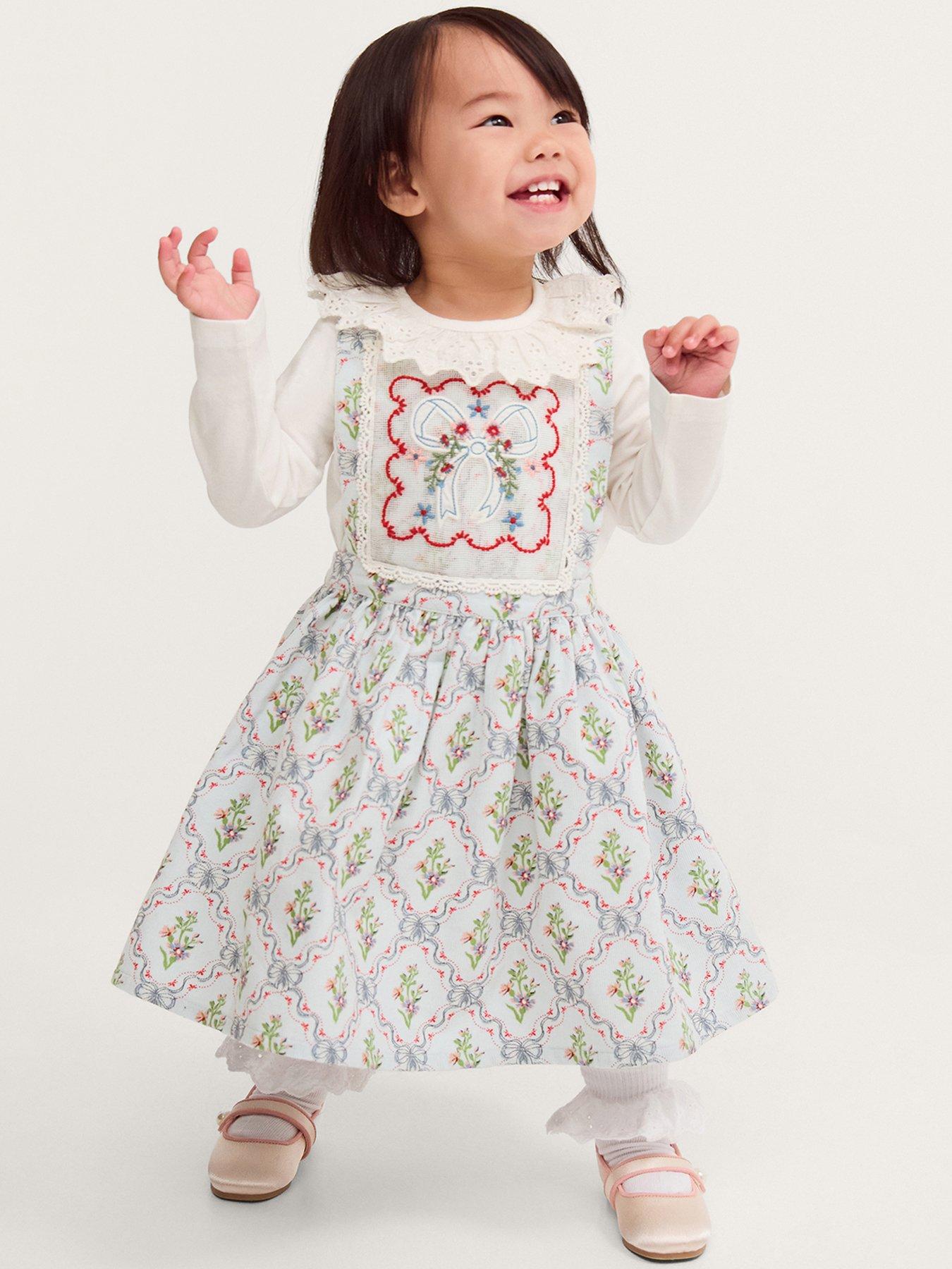 Image 1 of 4 of Monsoon Girls Mon Cheri Floral Print Broderie Collar Pinny Dress - Blue
