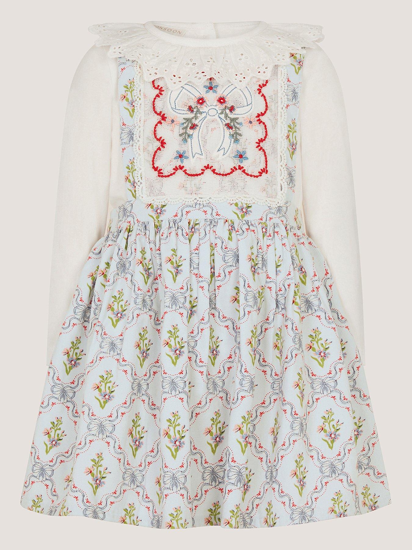 Image 2 of 4 of Monsoon Girls Mon Cheri Floral Print Broderie Collar Pinny Dress - Blue