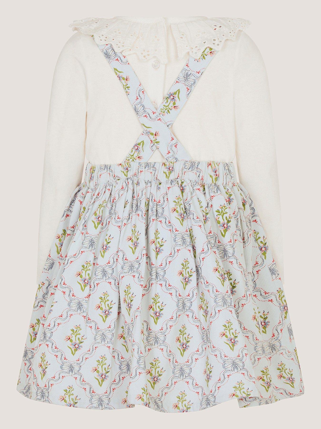 Image 3 of 4 of Monsoon Girls Mon Cheri Floral Print Broderie Collar Pinny Dress - Blue