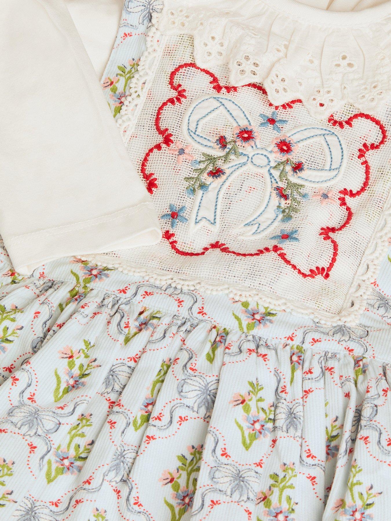 Image 4 of 4 of Monsoon Girls Mon Cheri Floral Print Broderie Collar Pinny Dress - Blue
