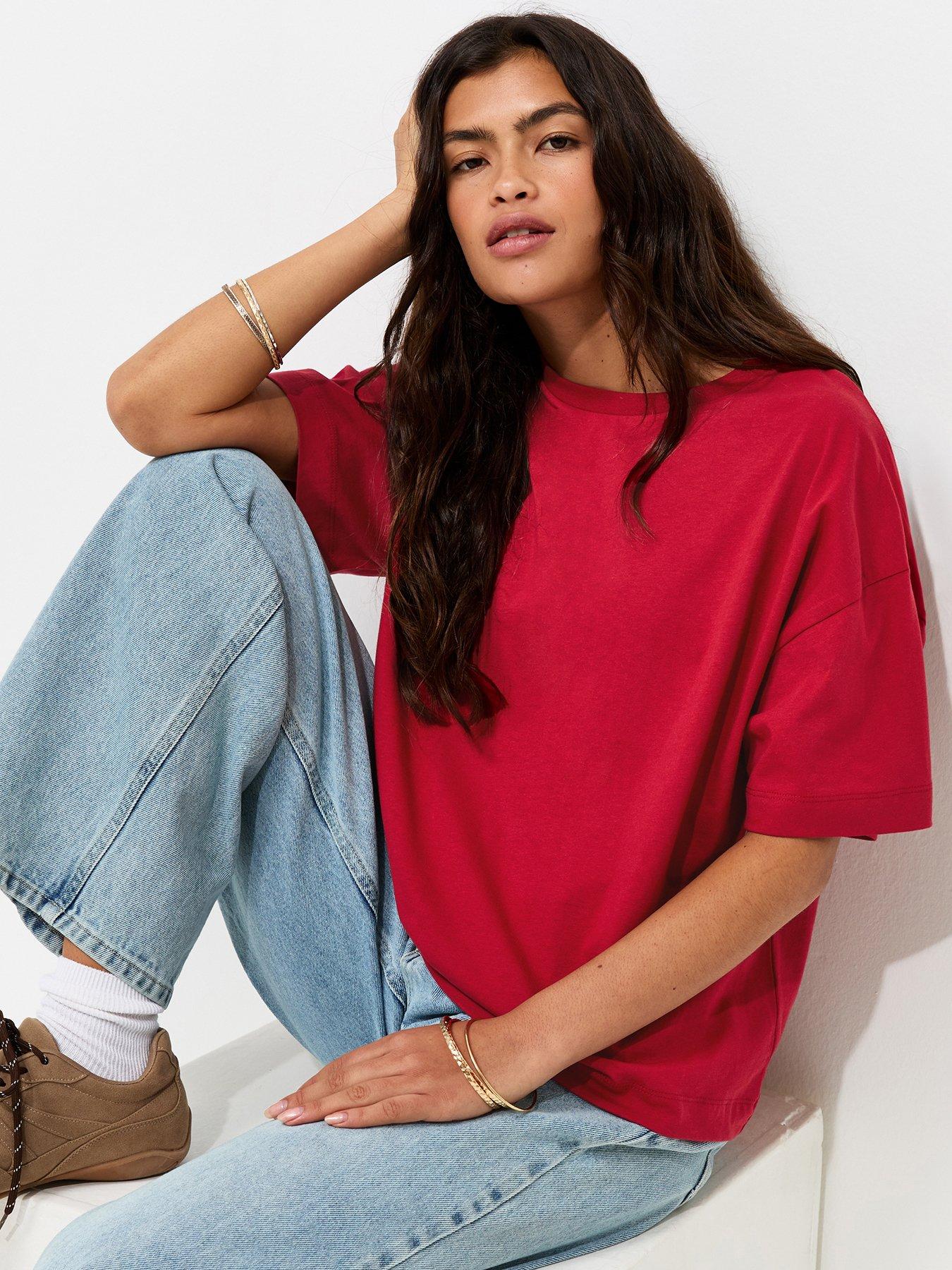 Image 1 of 5 of New Look Cotton Oversized Boxy T-Shirt - Red