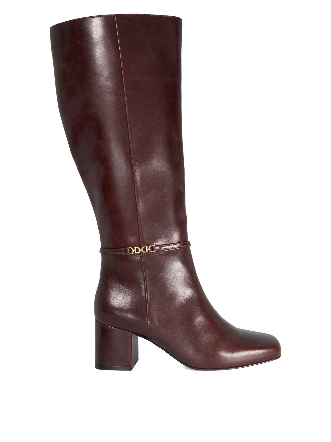 Image 1 of 5 of Dune London Wide Fit Sanna Snaffle Trim Knee Wide Fit Block Heeled Boots - Dark Brown