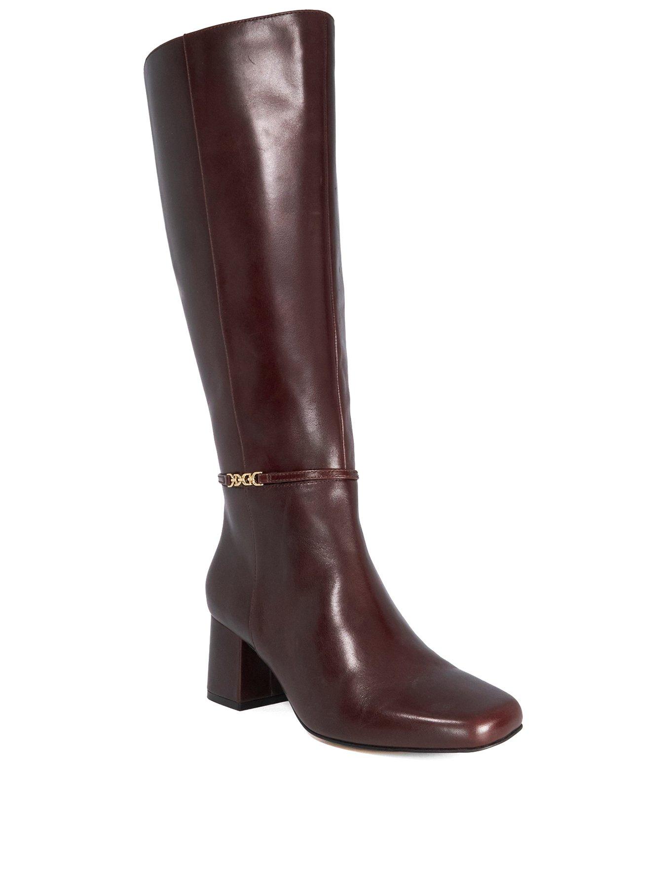 Image 2 of 5 of Dune London Wide Fit Sanna Snaffle Trim Knee Wide Fit Block Heeled Boots - Dark Brown