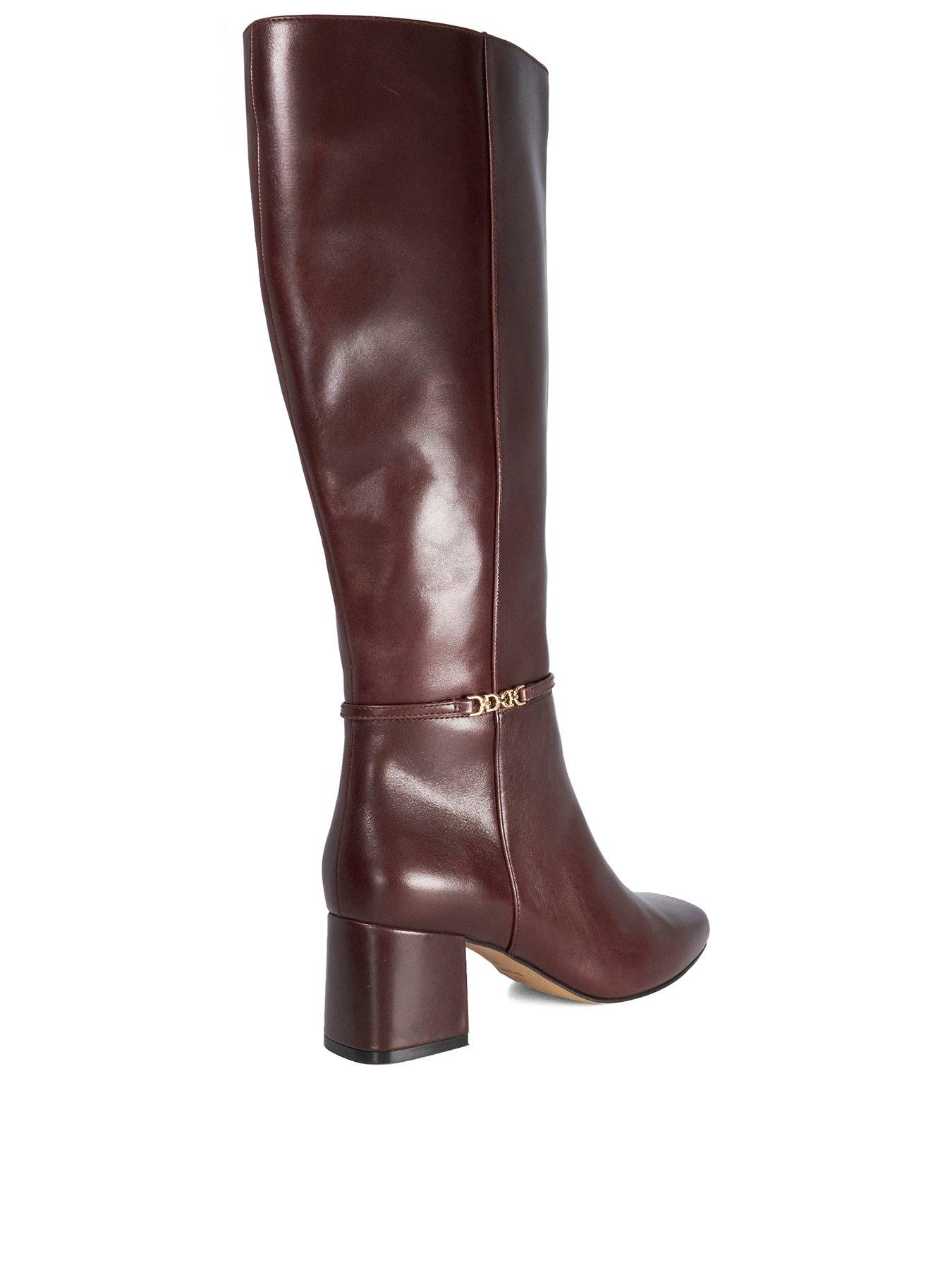 Image 3 of 5 of Dune London Wide Fit Sanna Snaffle Trim Knee Wide Fit Block Heeled Boots - Dark Brown
