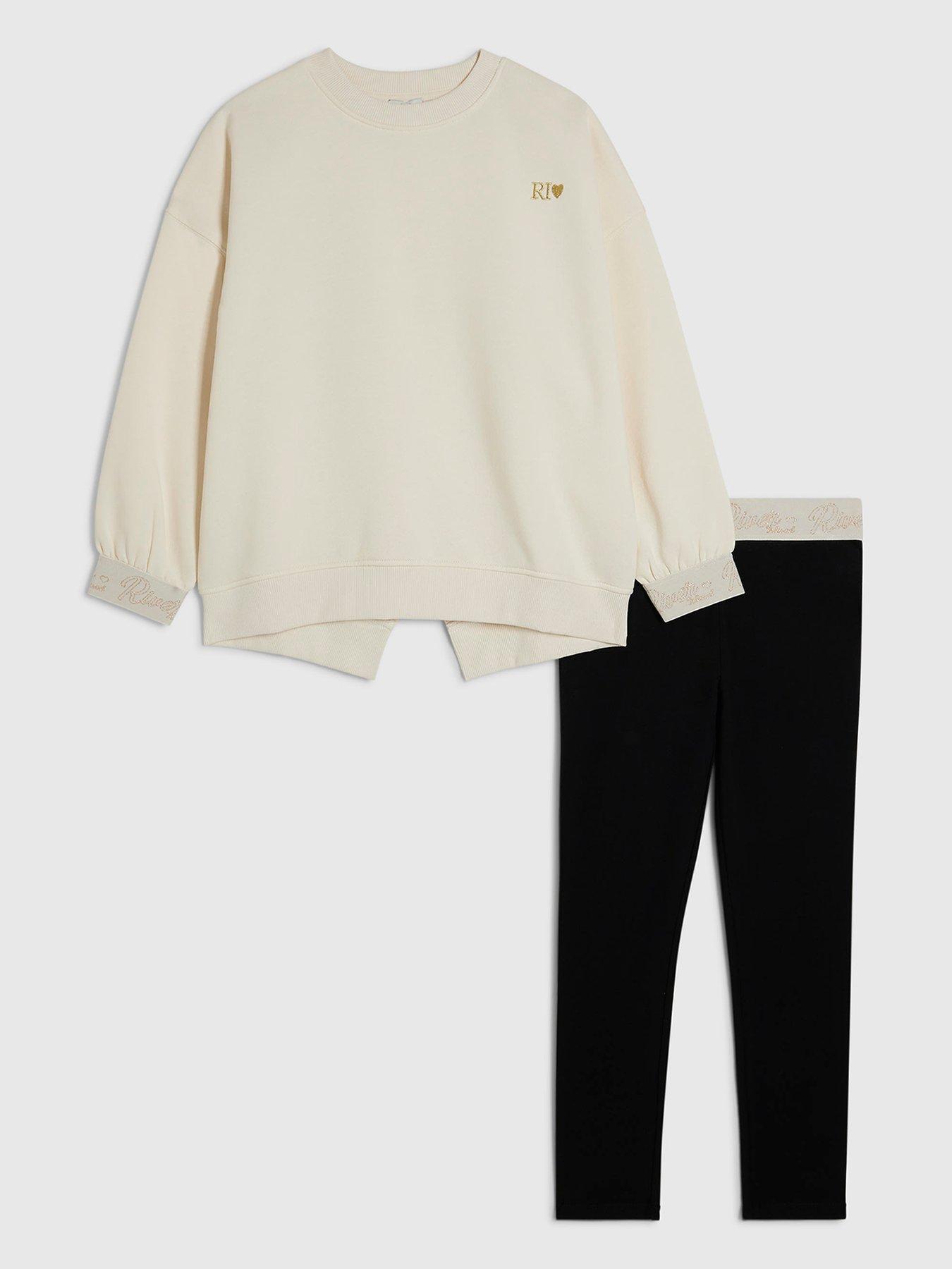 Image 1 of 5 of River Island Girls RI Split Back Sweatshirt Set - Cream